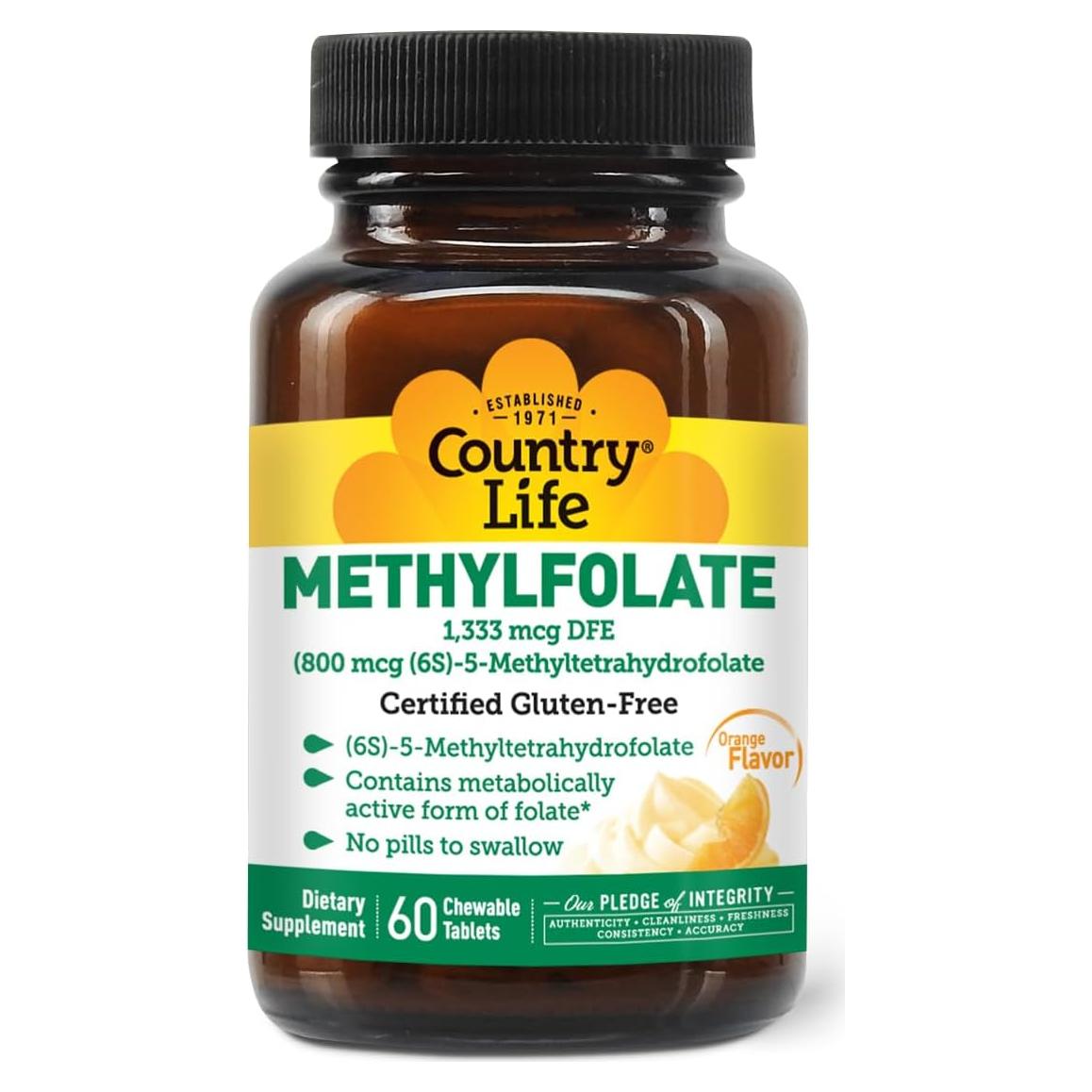 Tabletas Masticables Country Life Methylfolate 60 Unidades - Folato Activo y B12 Vegano Sabor Naranja