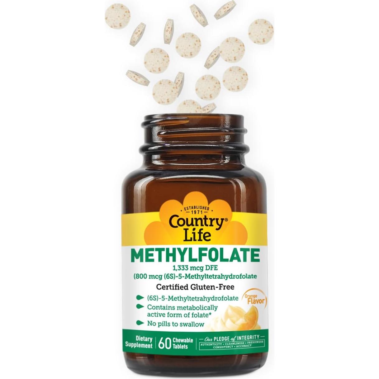 Tabletas Masticables Country Life Methylfolate 60 Unidades - Folato Activo y B12 Vegano Sabor Naranja
