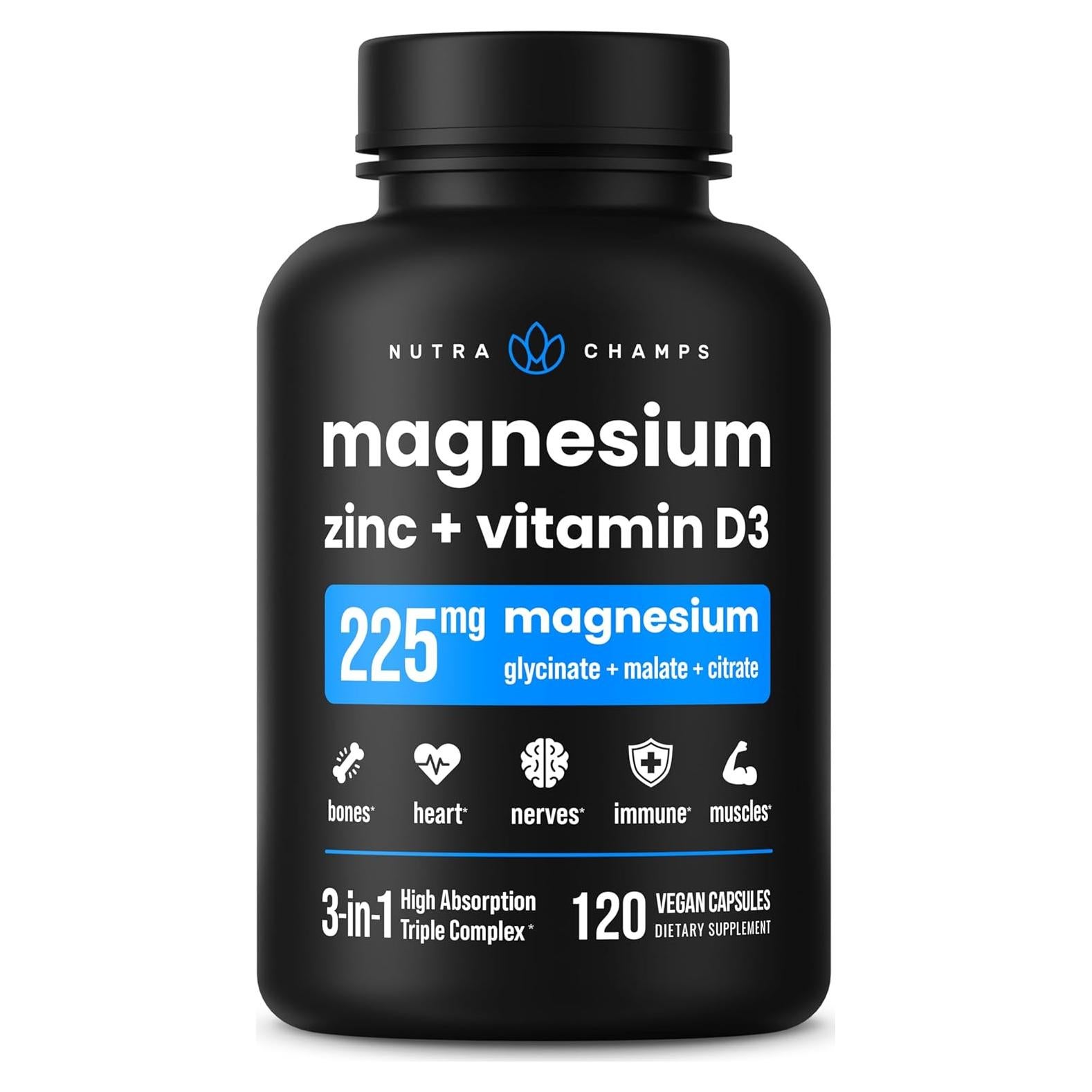 Suplemento de Magnesio, Zinc y Vitamina D3 NutraChamps - 120 Cápsulas Veganas