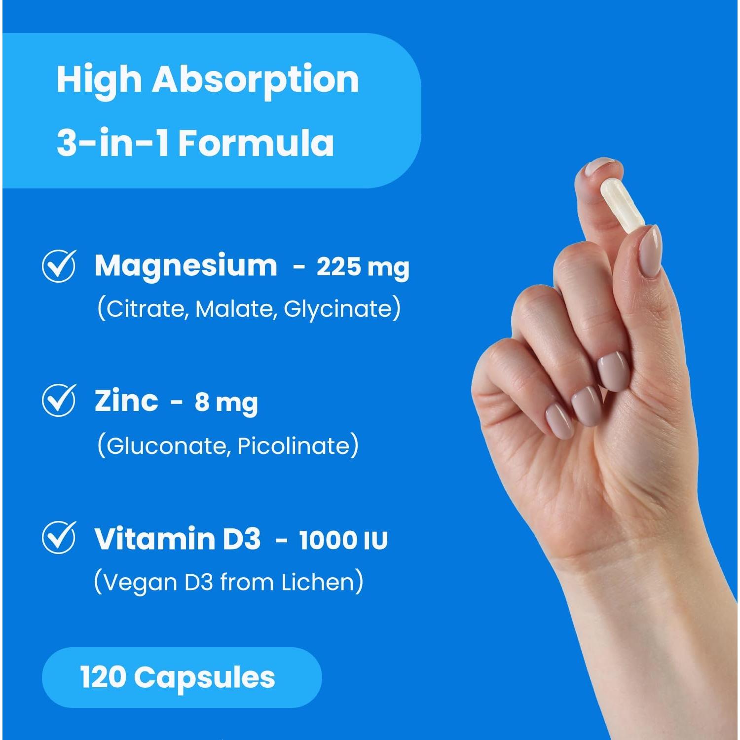 Suplemento de Magnesio, Zinc y Vitamina D3 NutraChamps - 120 Cápsulas Veganas