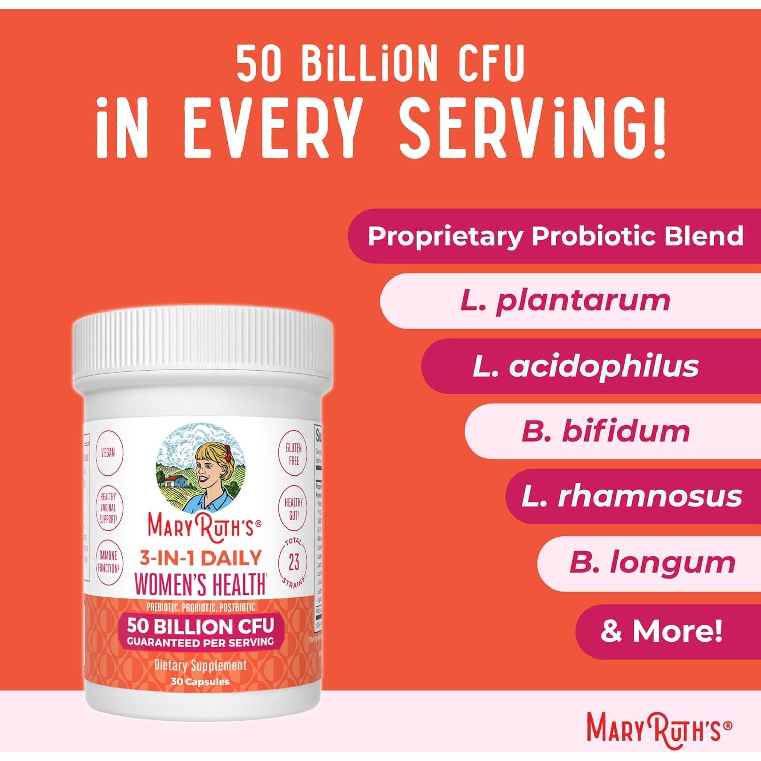 Probioticos Diarios MaryRuth 3-en-1 para Mujeres 50 Mil CFU