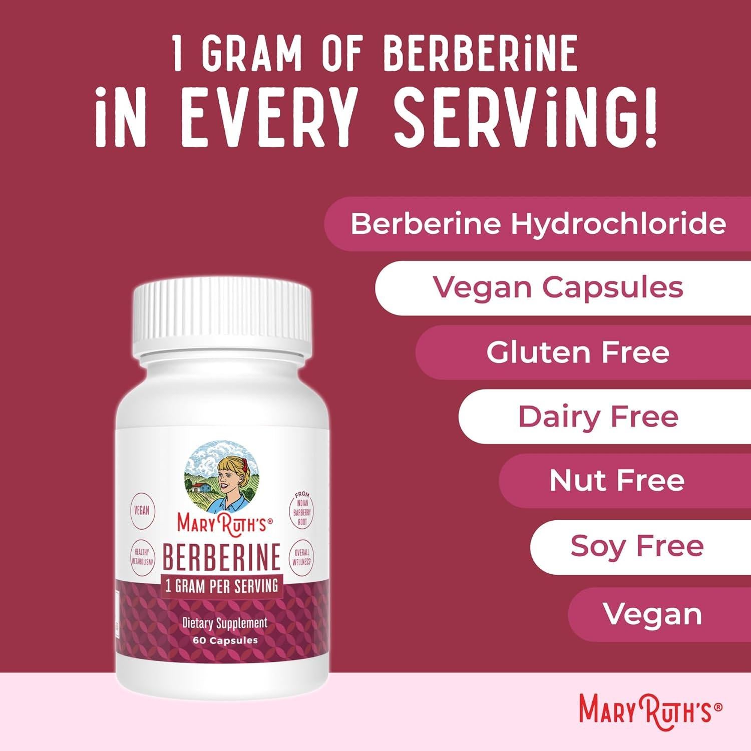Suplemento de Berberina MaryRuth 1000 mg | 30 Cápsulas Veganas