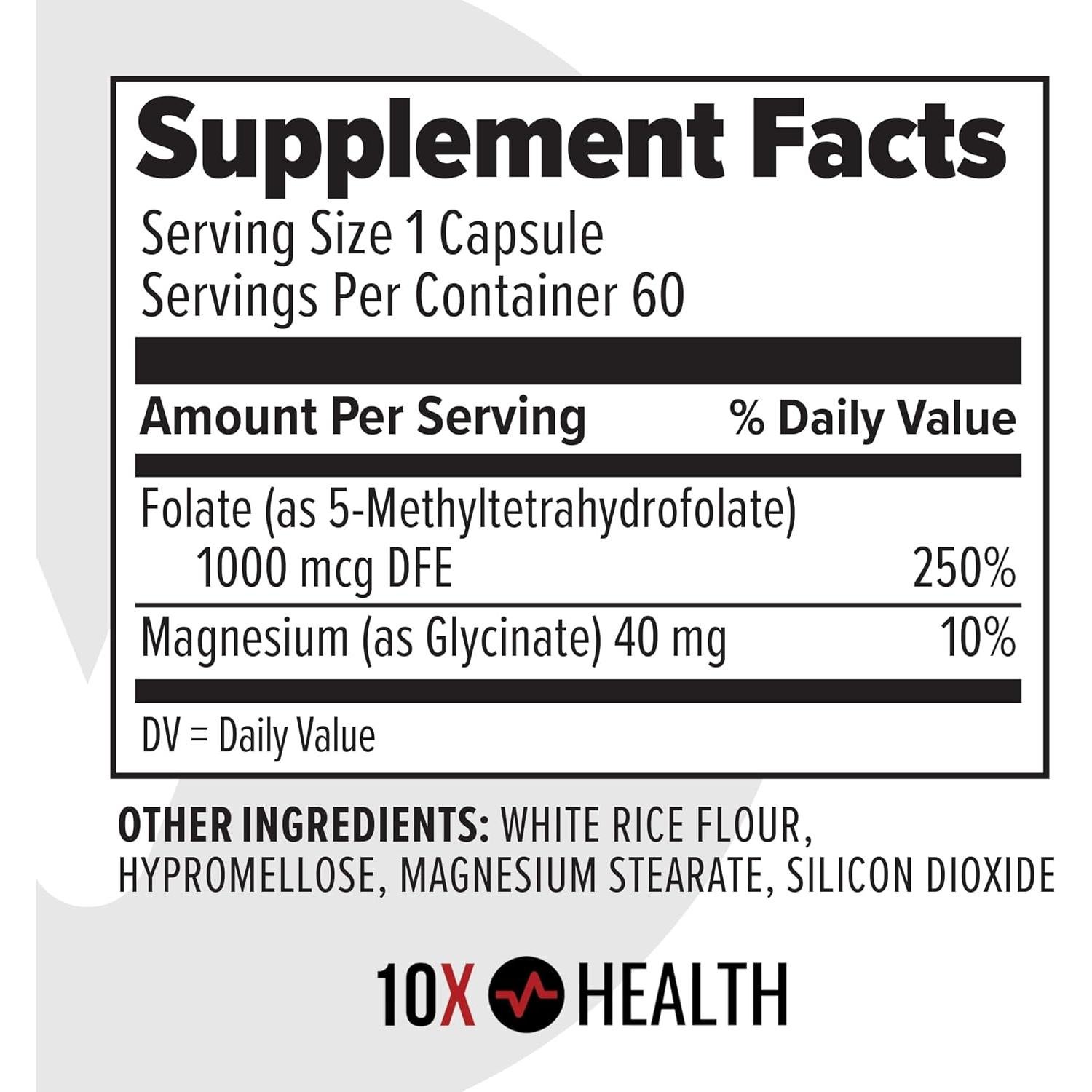 Suplemento Metilfolato 5-MTHF 10X Health - 60 Cápsulas