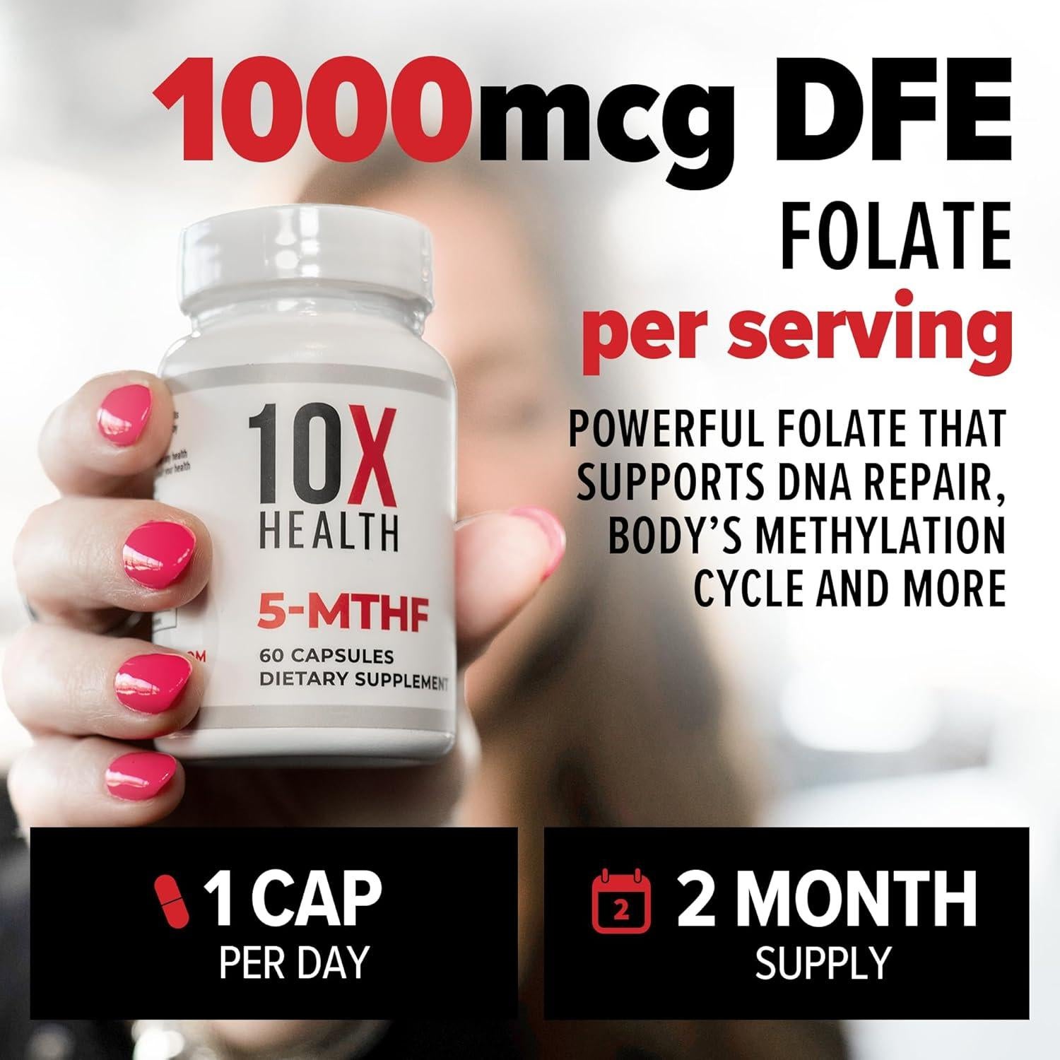 Suplemento Metilfolato 5-MTHF 10X Health - 60 Cápsulas