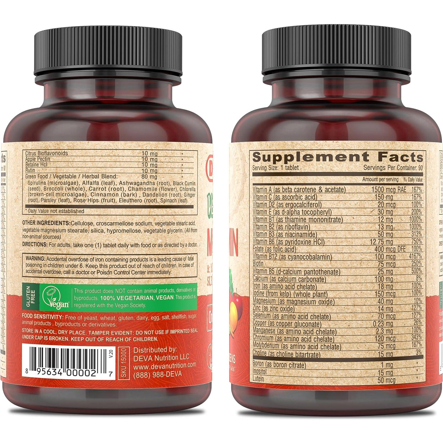 Suplemento Multivitamínico Vegano DEVA 90 Tabletas con Hierro