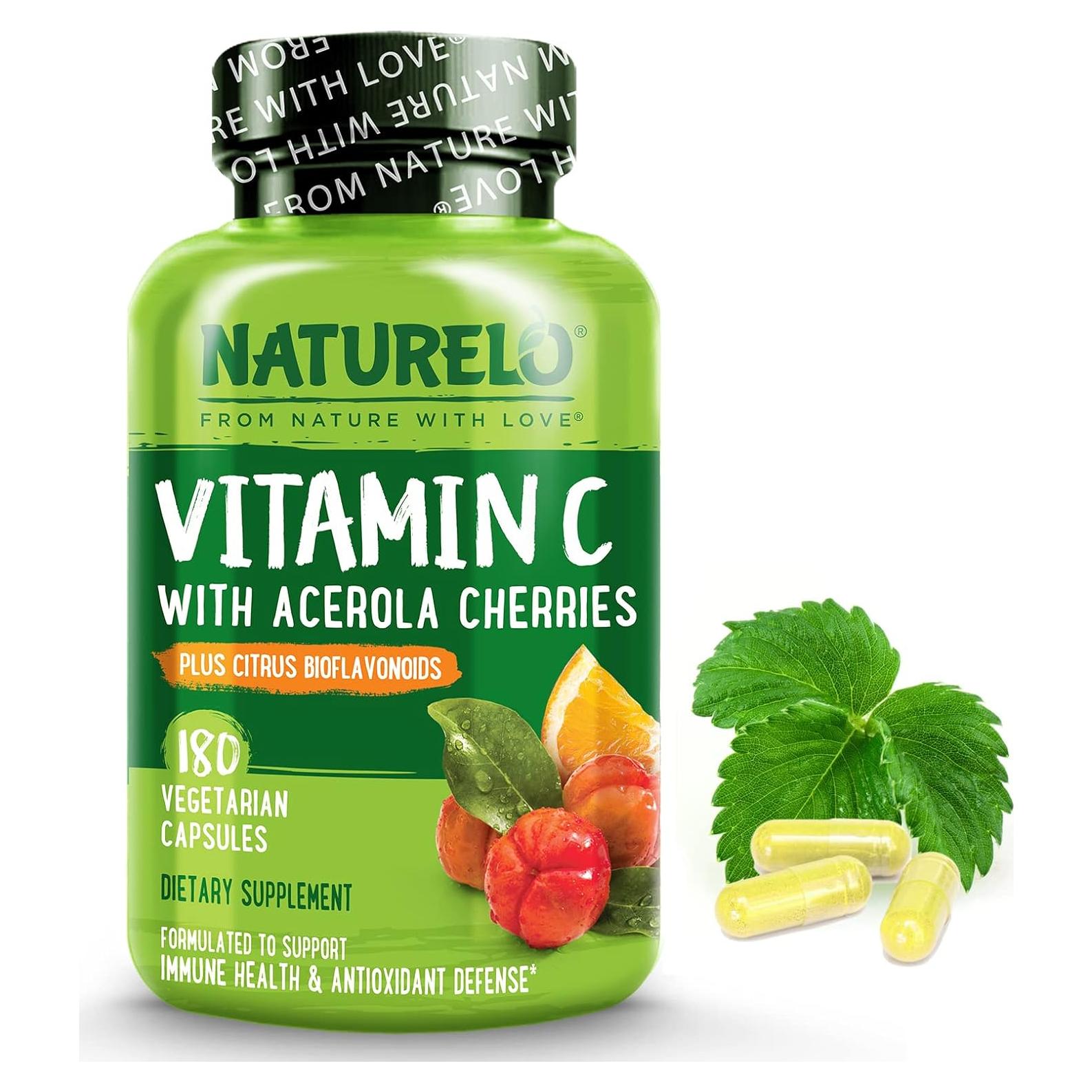 Vitamina C NATURELO 500 mg con Cereza Acerola - 180 Cápsulas Veganas