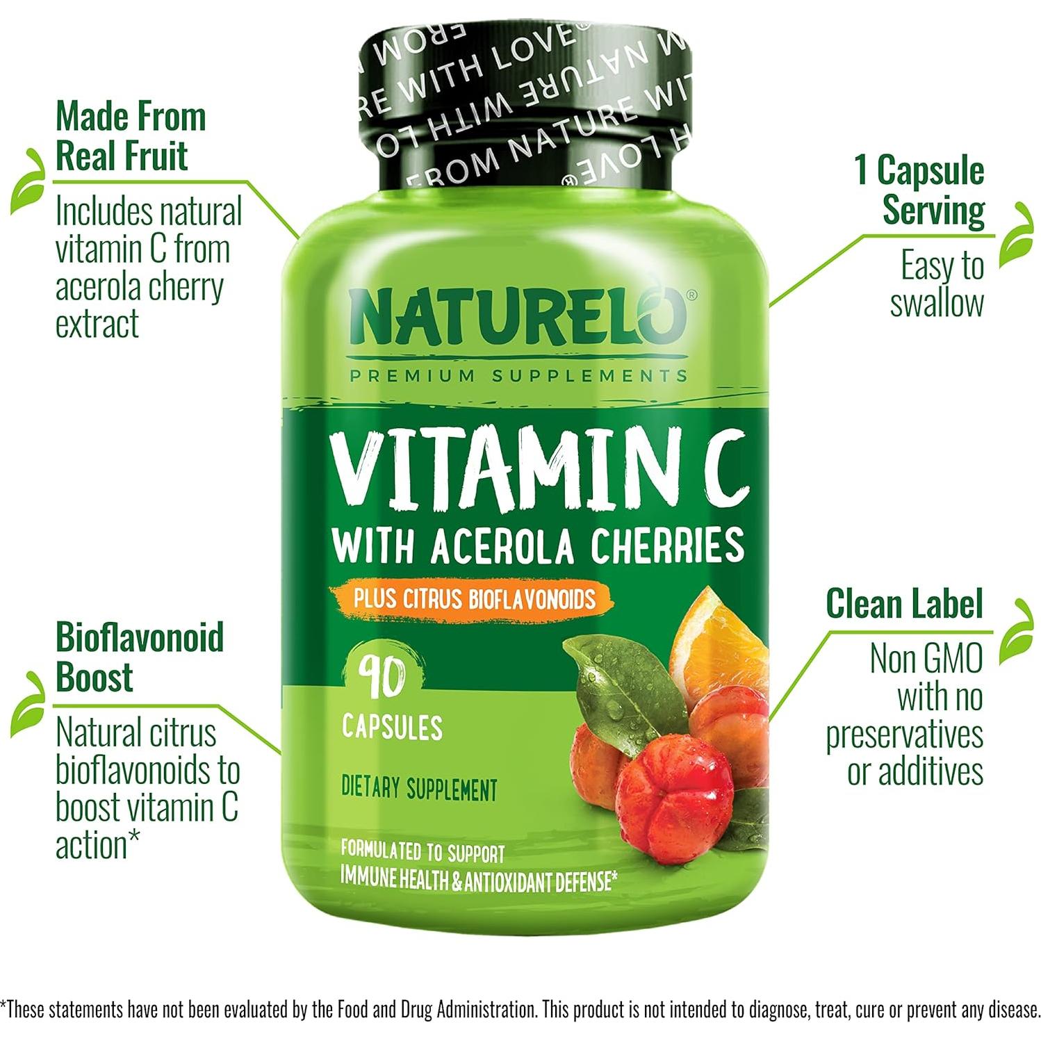 Vitamina C NATURELO 500 mg con Cereza Acerola - 180 Cápsulas Veganas