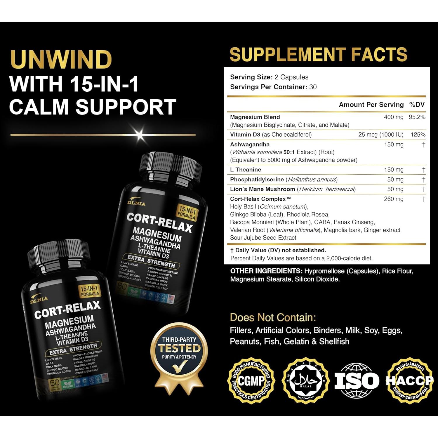 Suplemento DLNIA Super Calm 15-en-1 con Magnesio y Ashwagandha