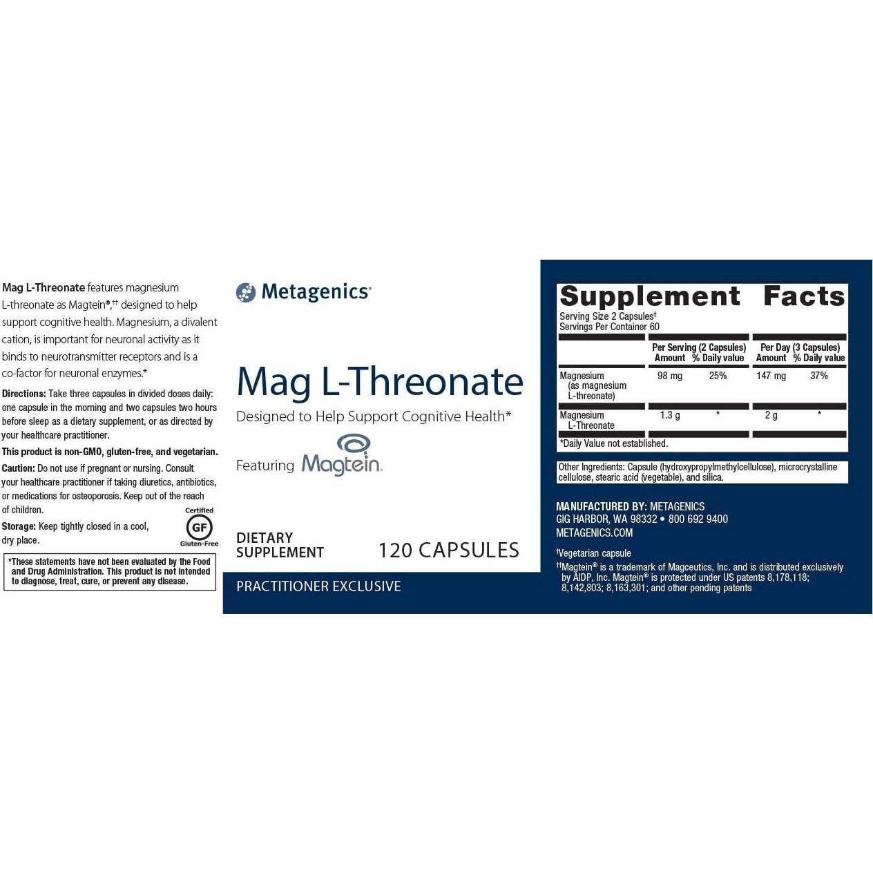 Metagenics Magnesio L-Treonato 147 mg - Suplemento Cerebral 120 Cápsulas