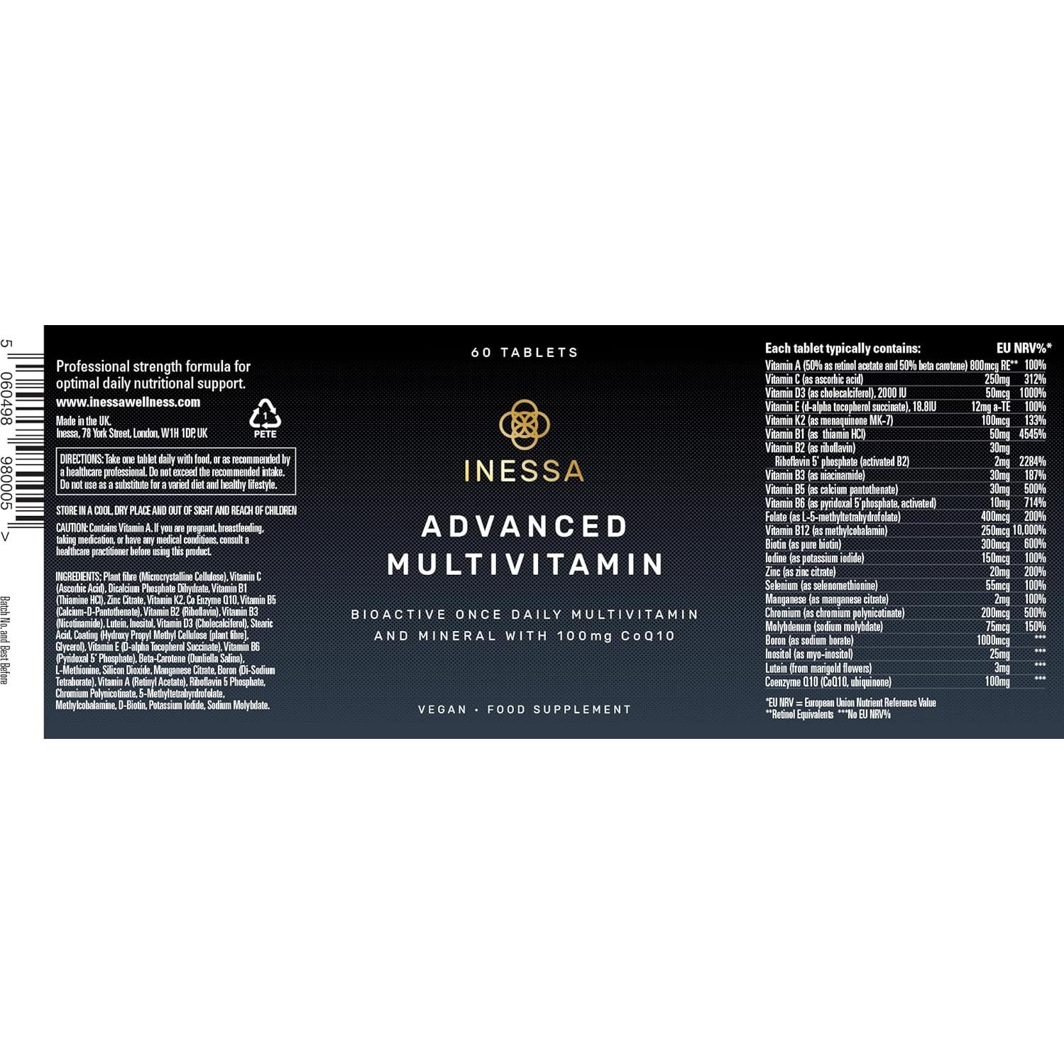 Multivitaminas Veganas Inessa 60 Tabletas CoQ10 D3 K2 Zinc