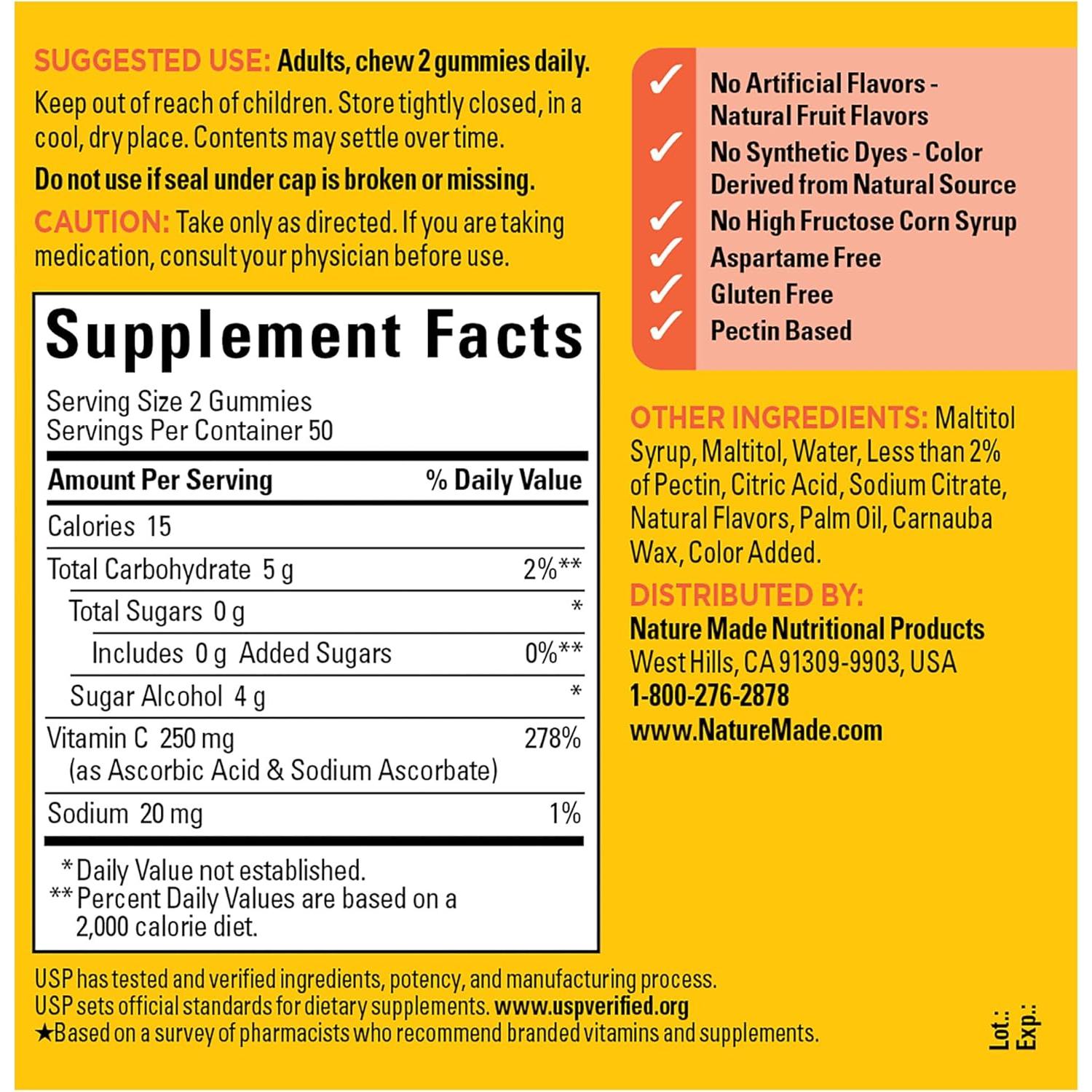 Gominolas de Vitamina C Nature Made 250 mg Sin Azúcar 100 Unidades