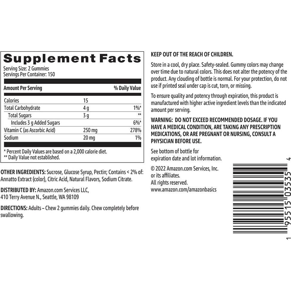 Gominolas de Vitamina C Amazon Basics 250 mg Naranja 300 Unidades