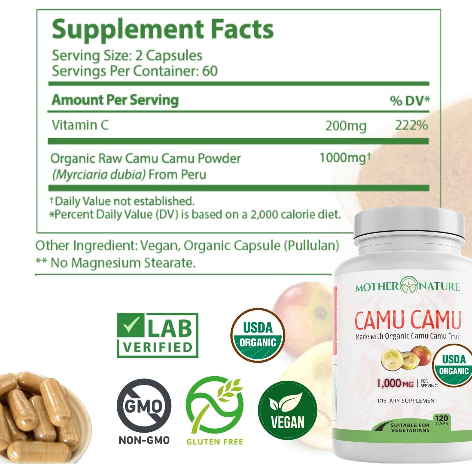 Cápsulas de Vitamina C Orgánica Camu Camu 1000mg 120 Unidades