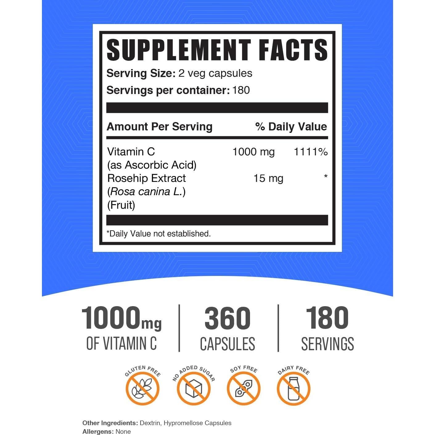 Vitamina C 1000mg con Rosa Mosqueta BulkSupplements 360 Cápsulas