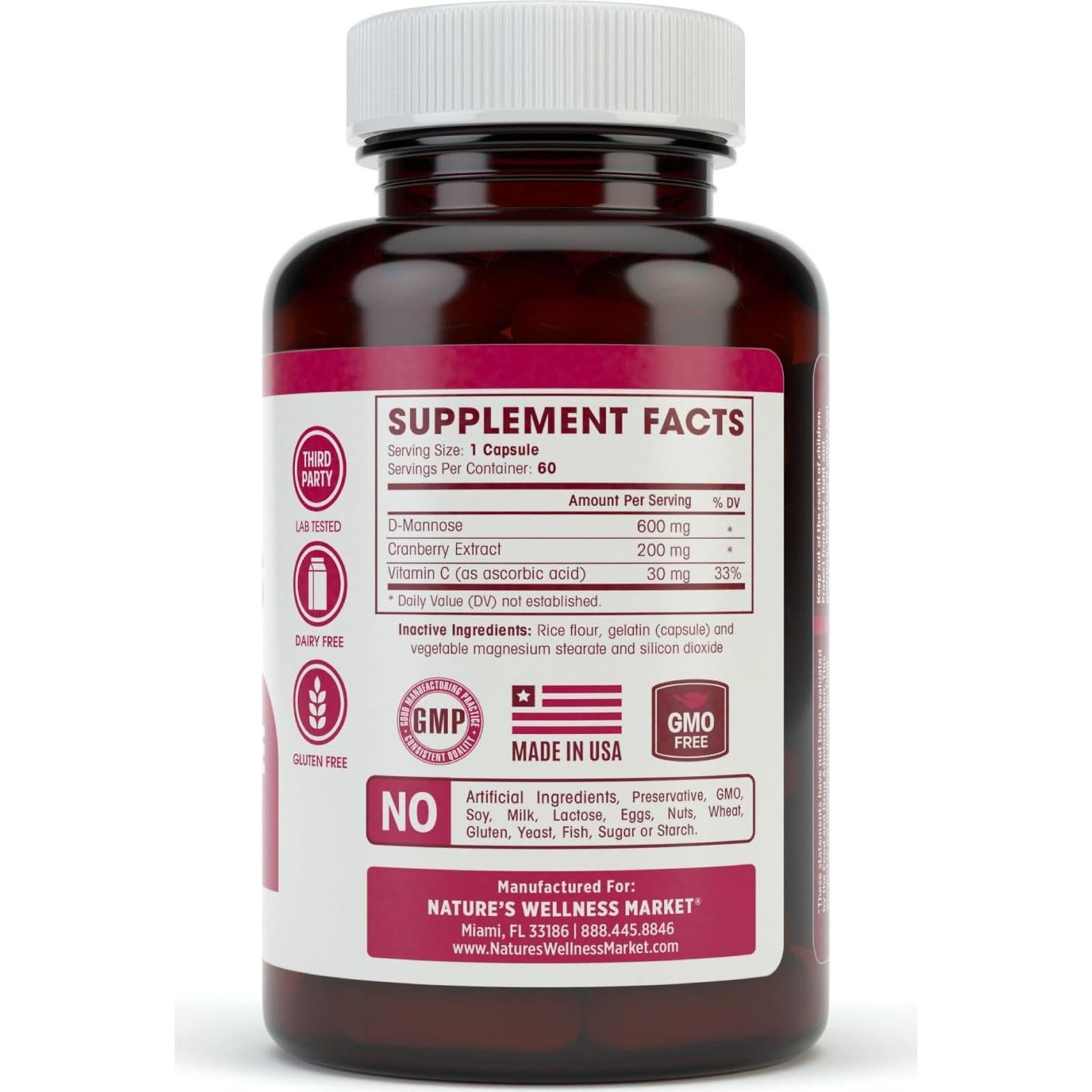 D-Mannose Natures Wellness 600mg + 200mg Arándano + Vitamina C