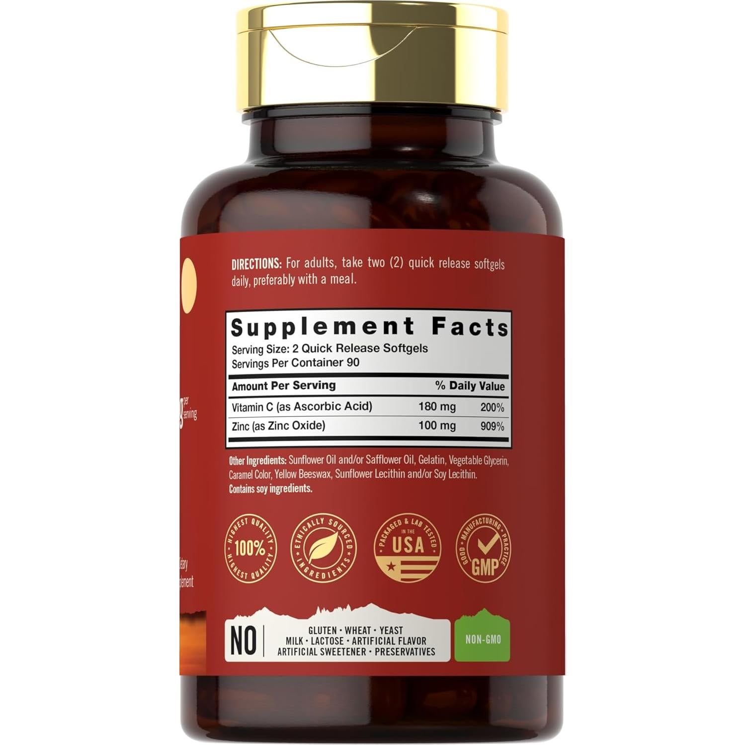 Suplemento de Zinc 100mg y Vitamina C 180 Gelatinas Blandas