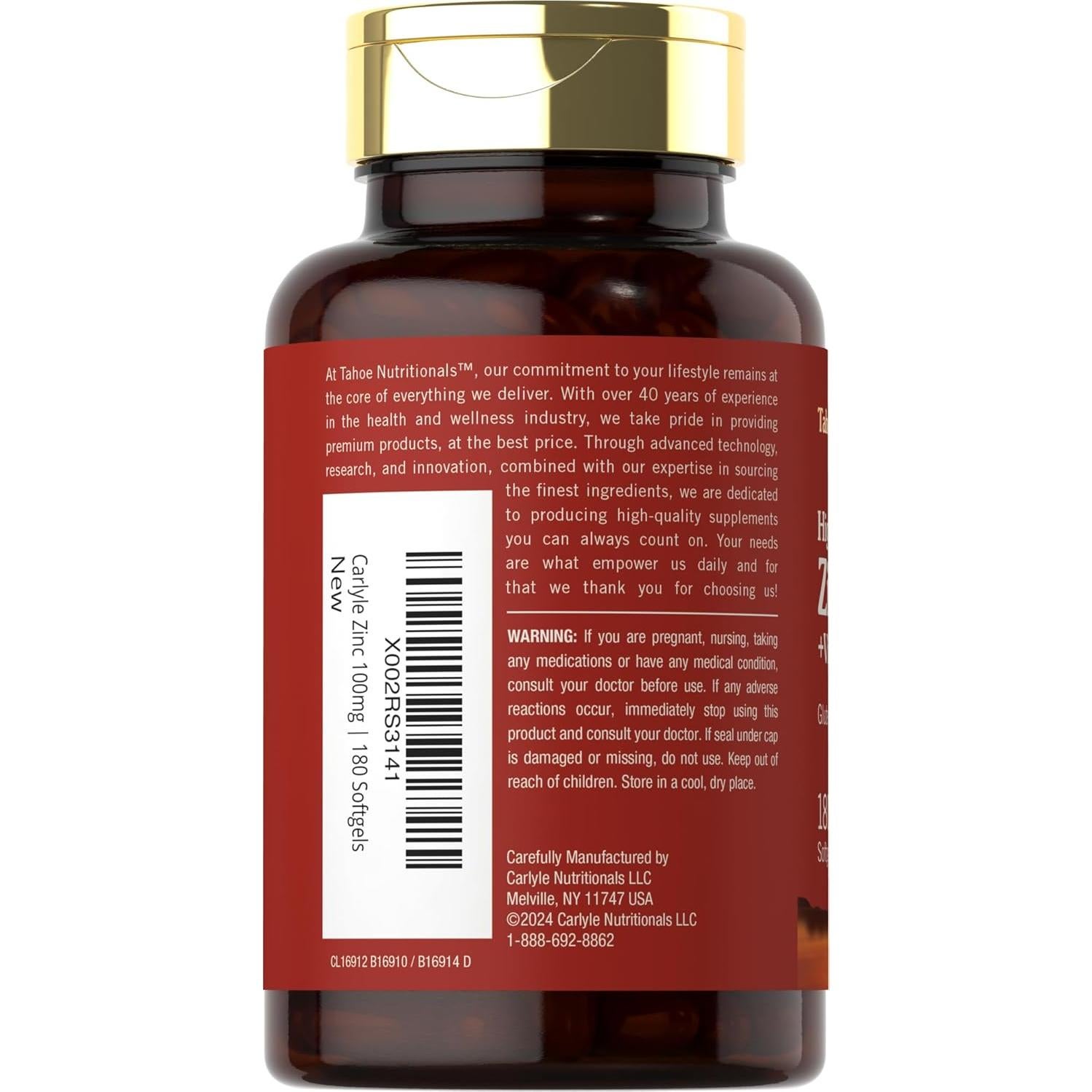 Suplemento de Zinc 100mg y Vitamina C 180 Gelatinas Blandas