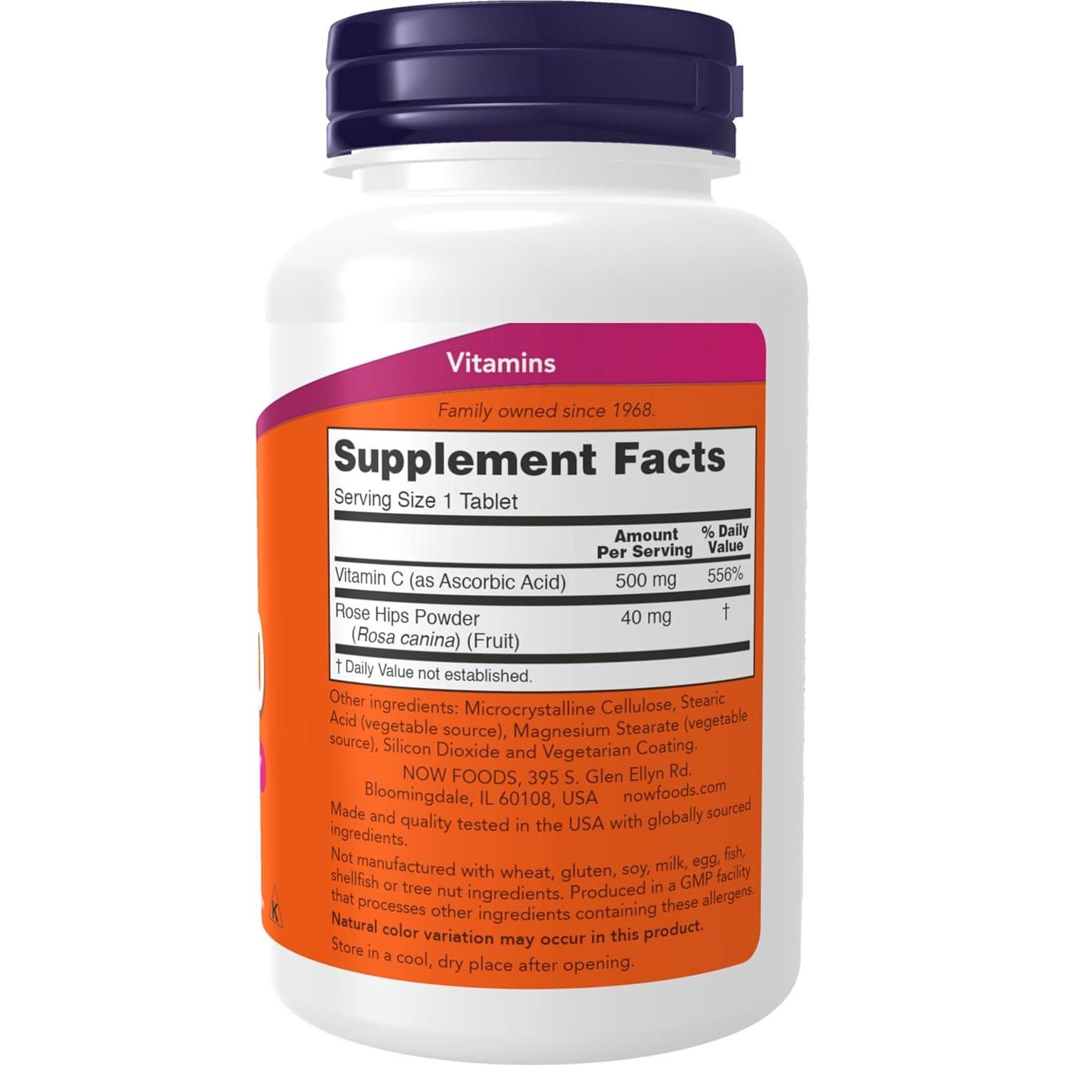 Suplemento Vitamina C-500 NOW Foods con Escaramujo 250 Tabletas