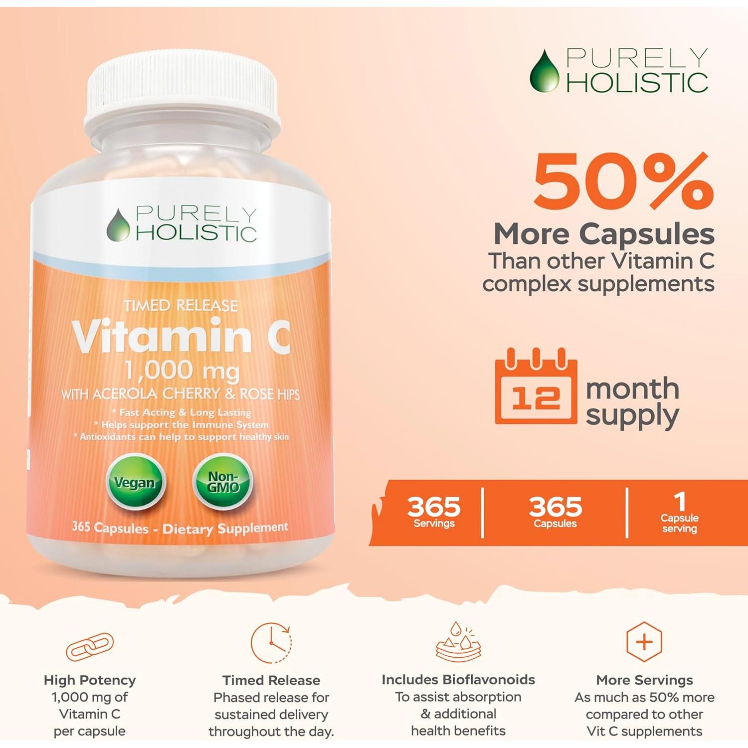 Vitamina C Purely Holistic 1000mg 365 Cápsulas Veganas