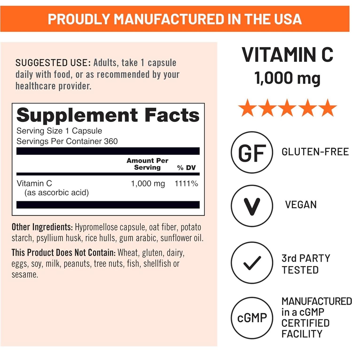 NatureWise Vitamina C 1000mg Vegana - 360 Cápsulas Antioxidantes