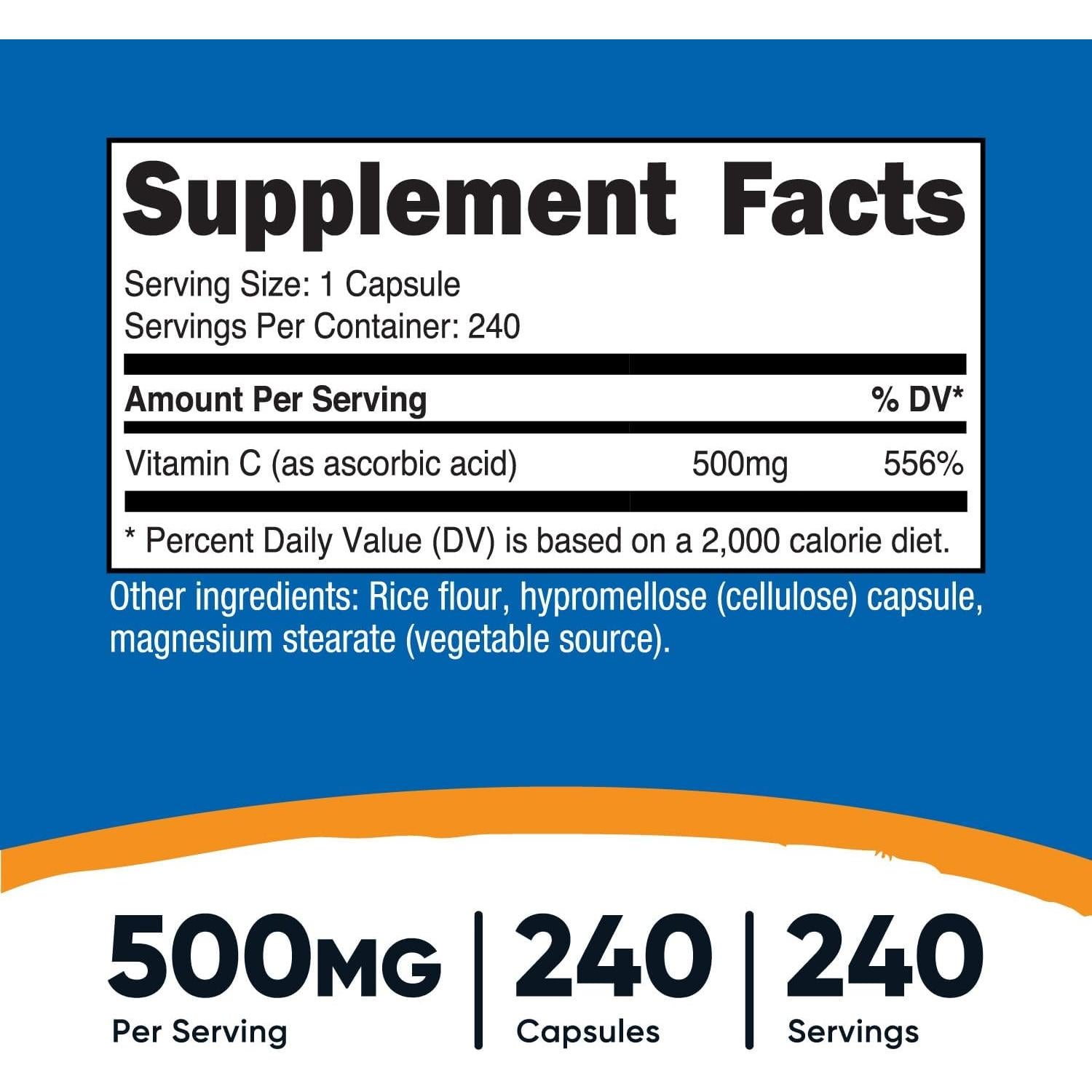 Vitamina C 500mg Nutricost 240 Cápsulas Vegetariano Sin Gluten