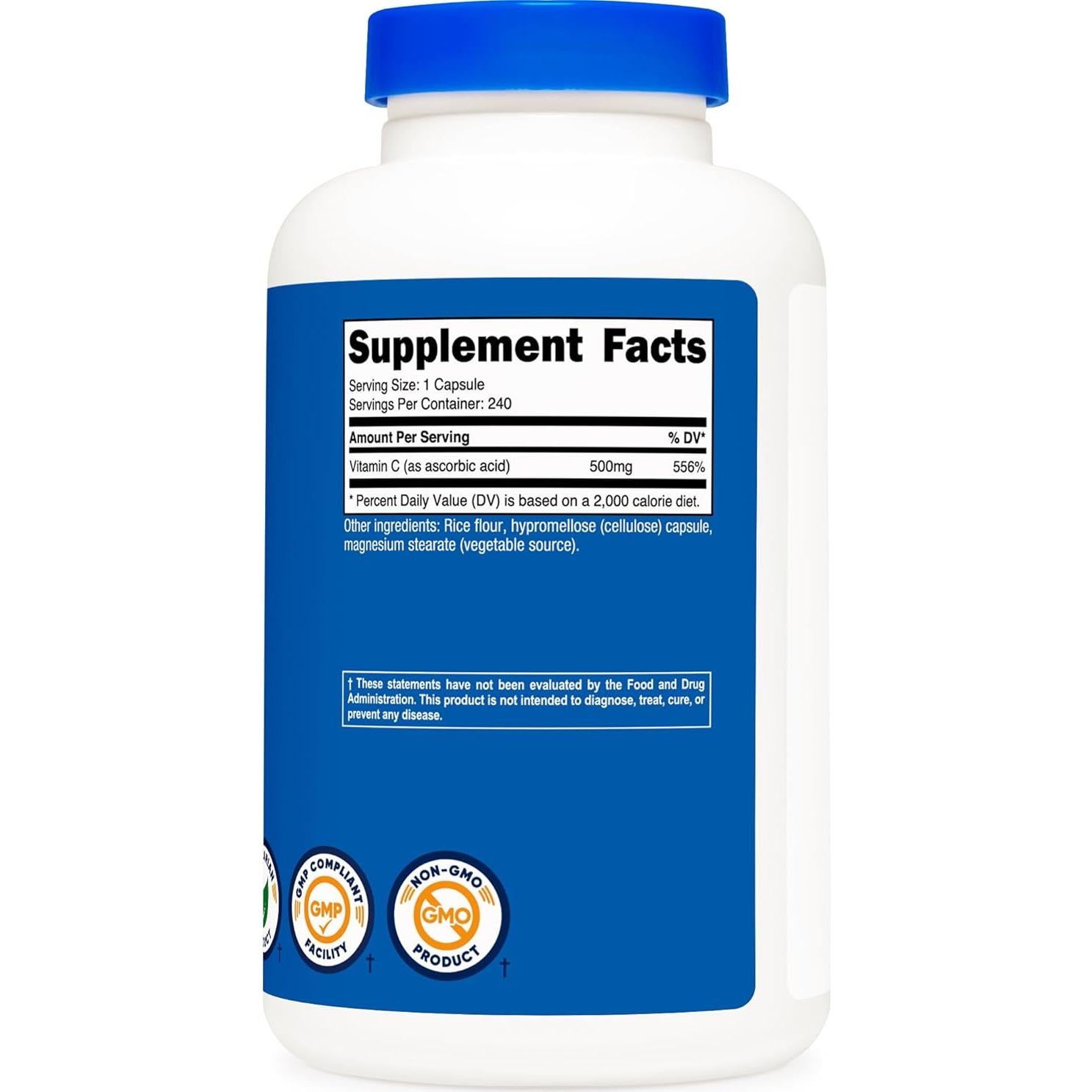 Vitamina C 500mg Nutricost 240 Cápsulas Vegetariano Sin Gluten