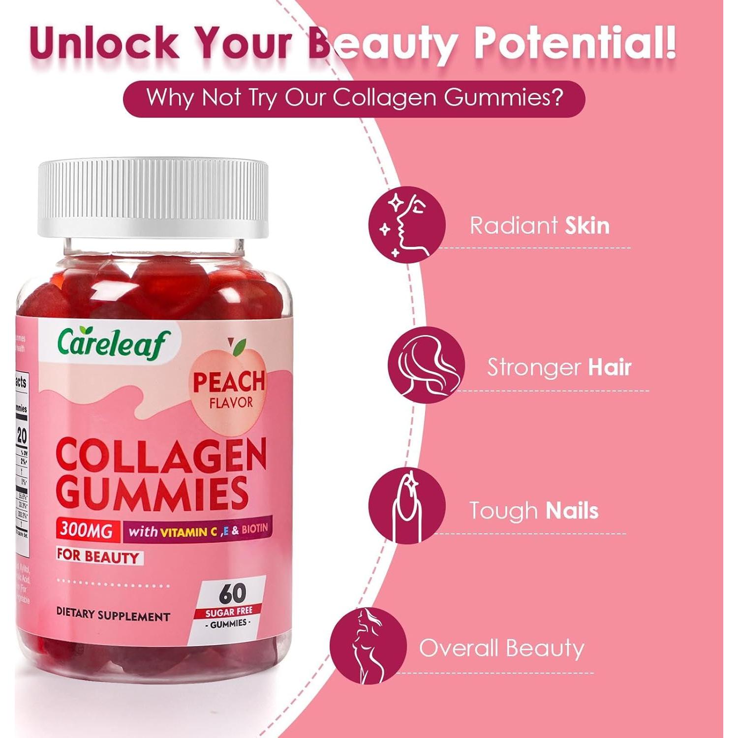 Gomitas de Colágeno Sin Azúcar Careleaf 60 Unidades Durazno