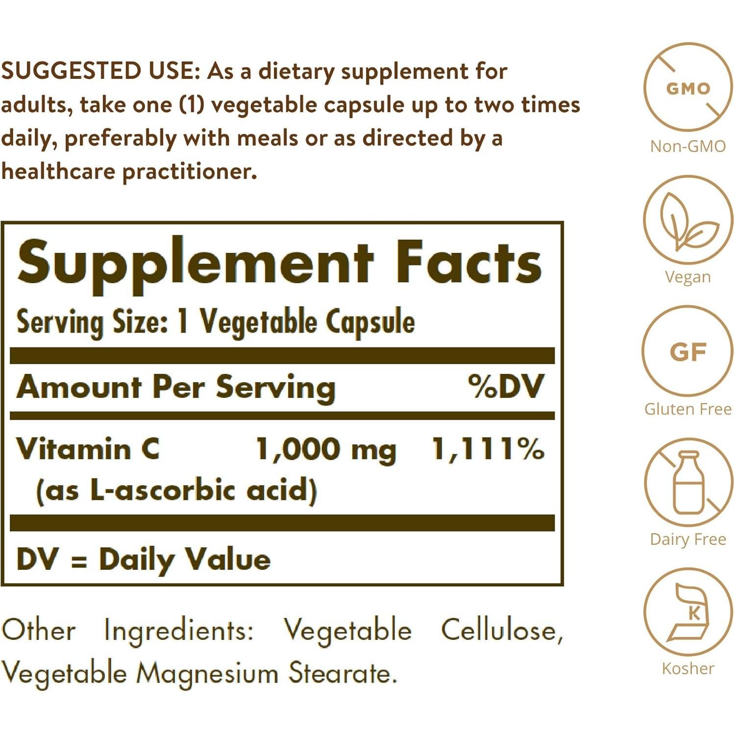 Vitamina C 1000 mg Solgar 250 Cápsulas Vegetales Antioxidante