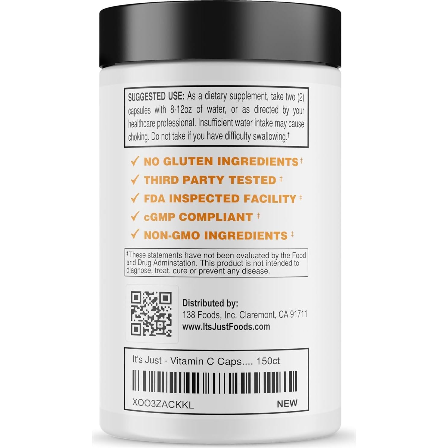 Suplemento de Vitamina C 1000mg 138 Foods - 150 Cápsulas Veganas