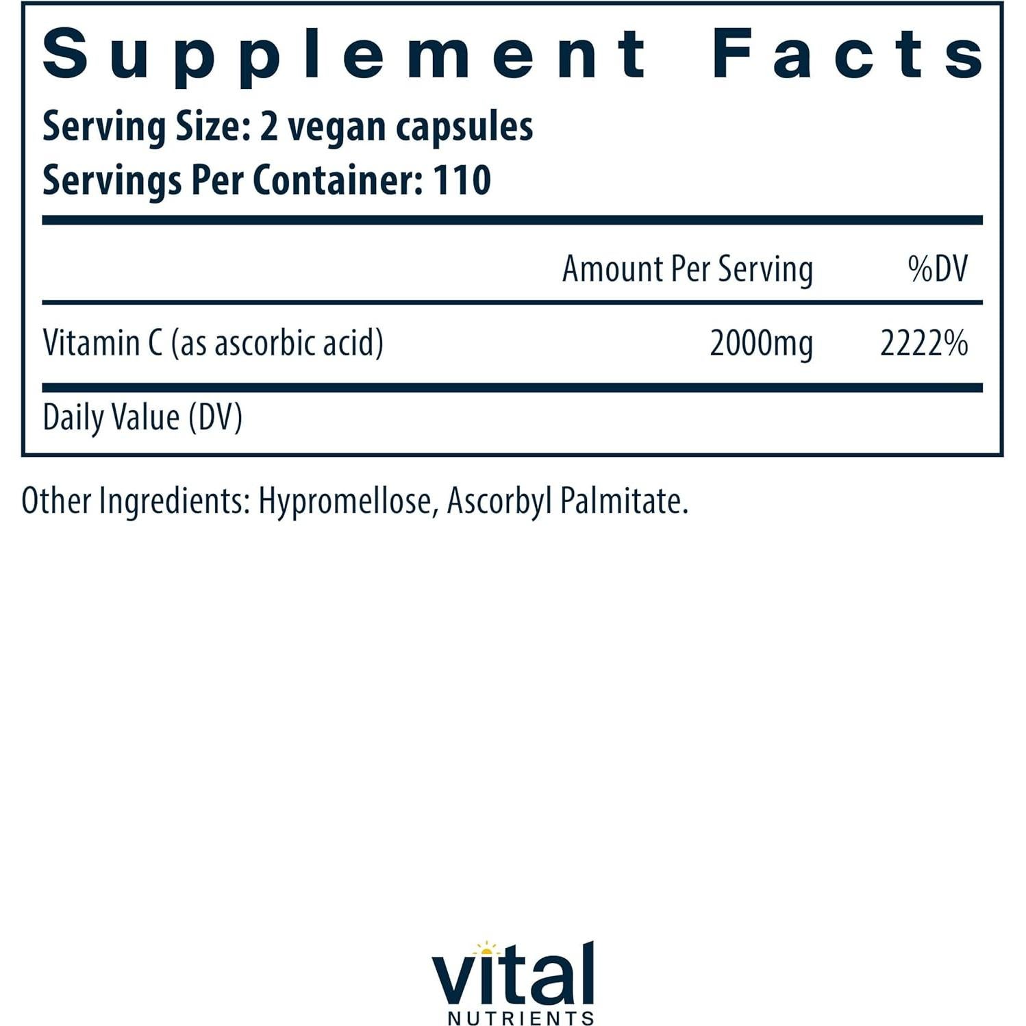 Vitamina C 1000mg Vital Nutrients - 220 Cápsulas Veganas