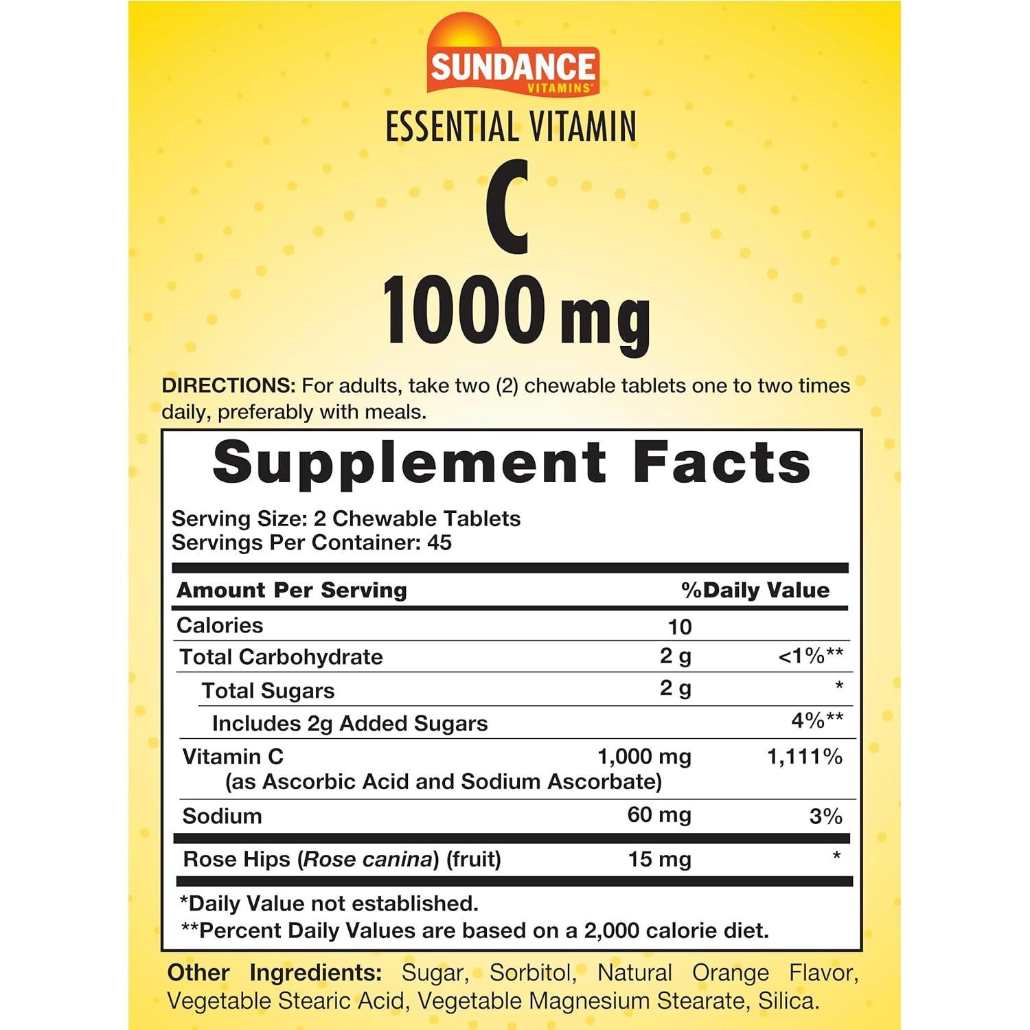 Vitamina C Masticable Sundance 1000mg 90 Tabletas Sabor Naranja