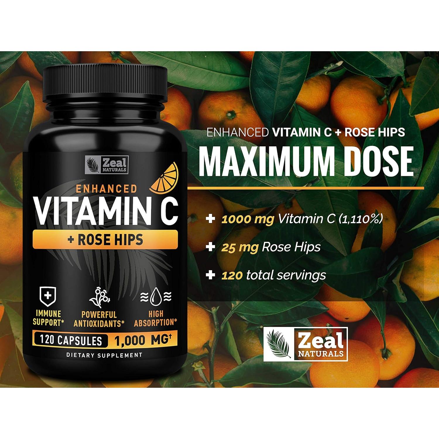 Vitamina C 1000mg Zeal Naturals con Rosa Mosqueta - 120 Cápsulas