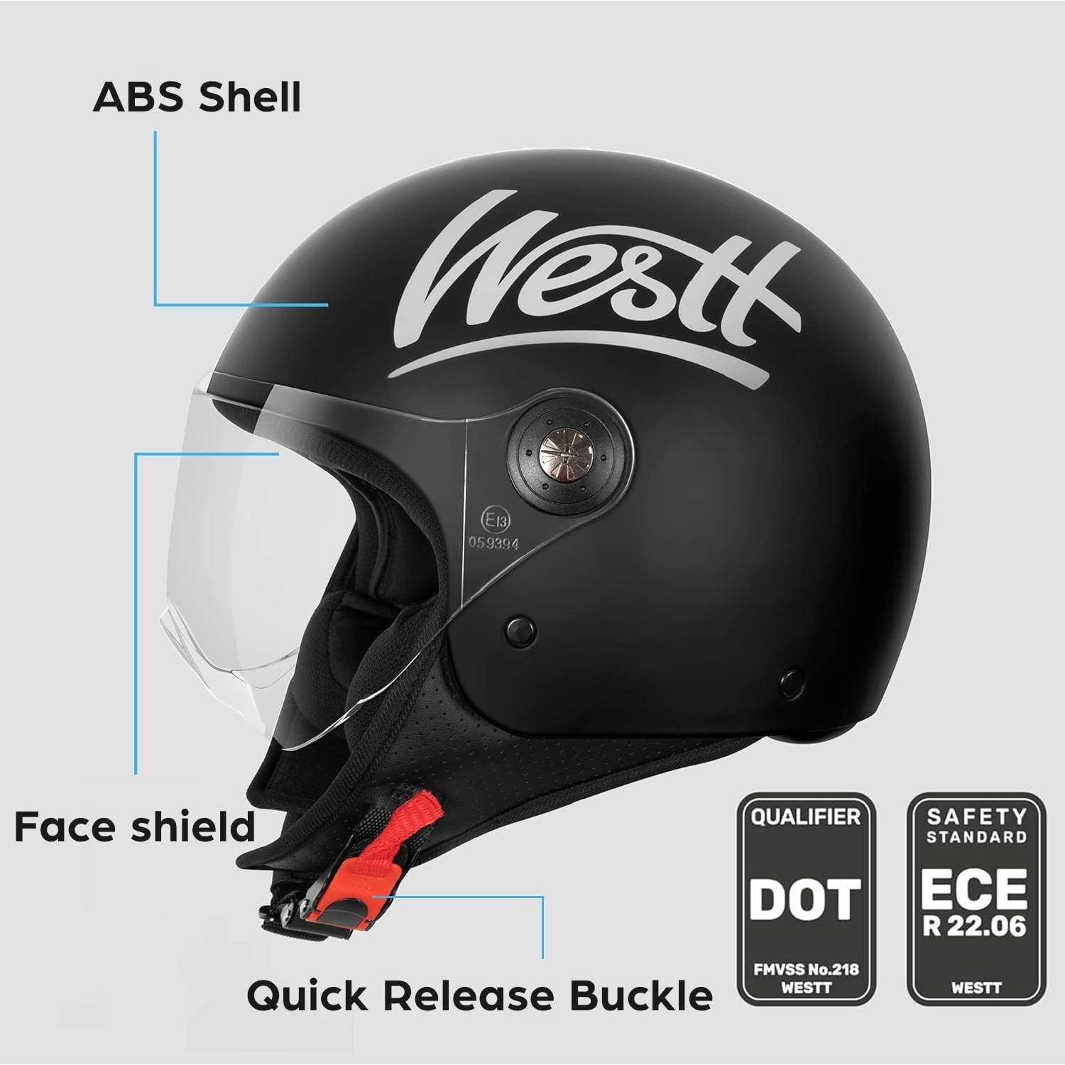 Casco de Motocicleta Westt Clásico 3/4 Negro Mate 55-56 cm
