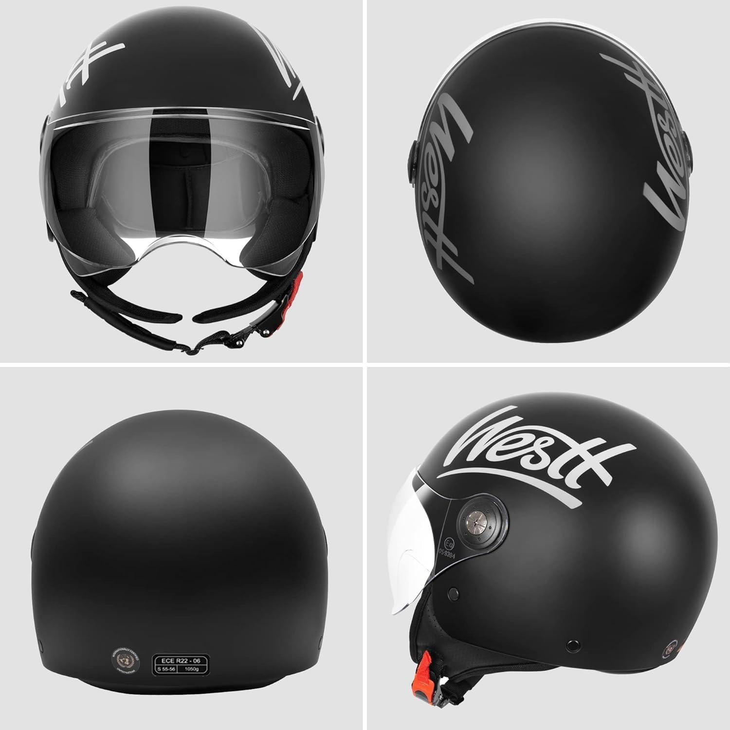 Casco de Motocicleta Westt Clásico 3/4 Negro Mate 55-56 cm