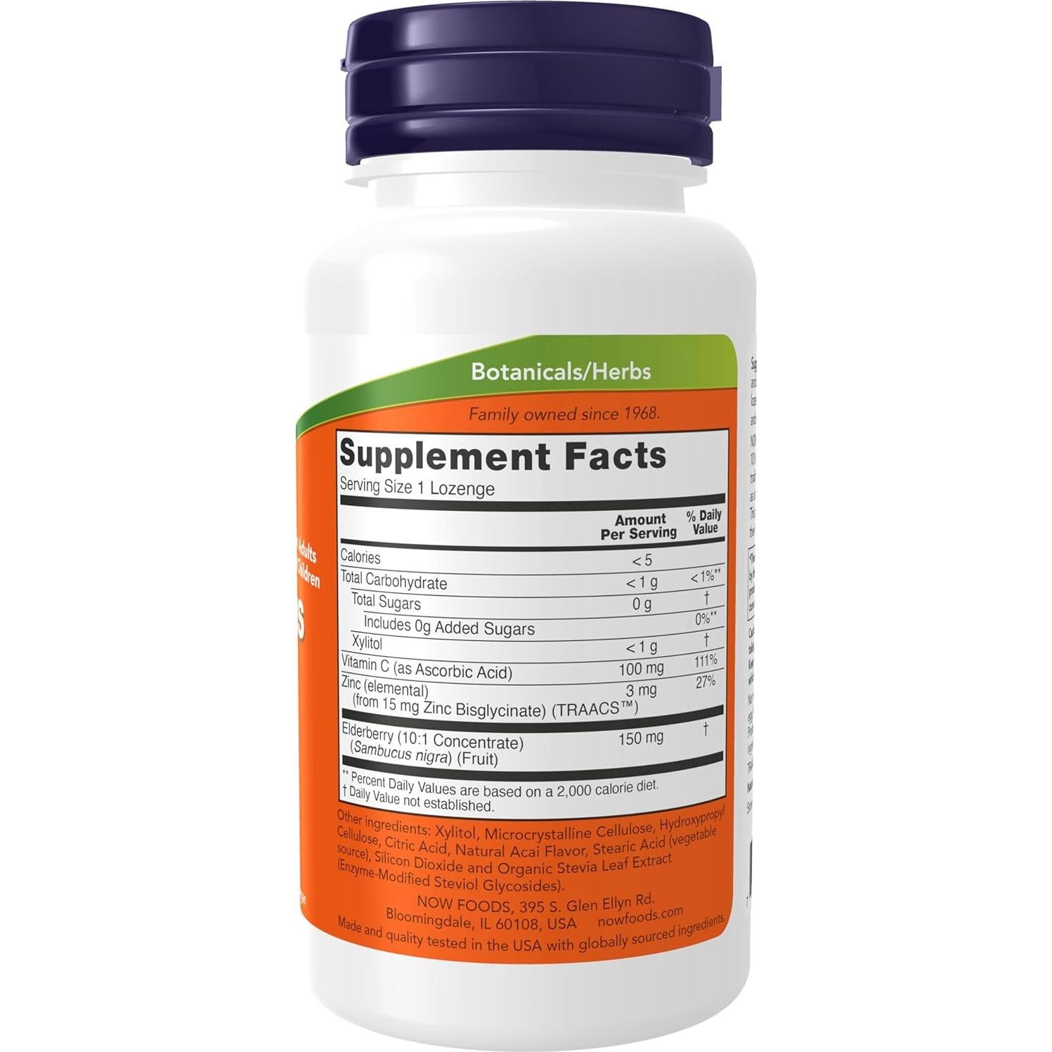 Suplemento NOW Foods Zinc-C con Saúco y Vitamina C 60 Pastillas