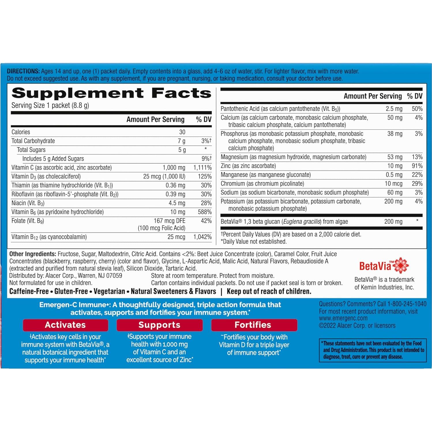 Emergen-C Inmunidad+ Polvo Frambuesa 30 Paquetes 1000mg Vitamina C