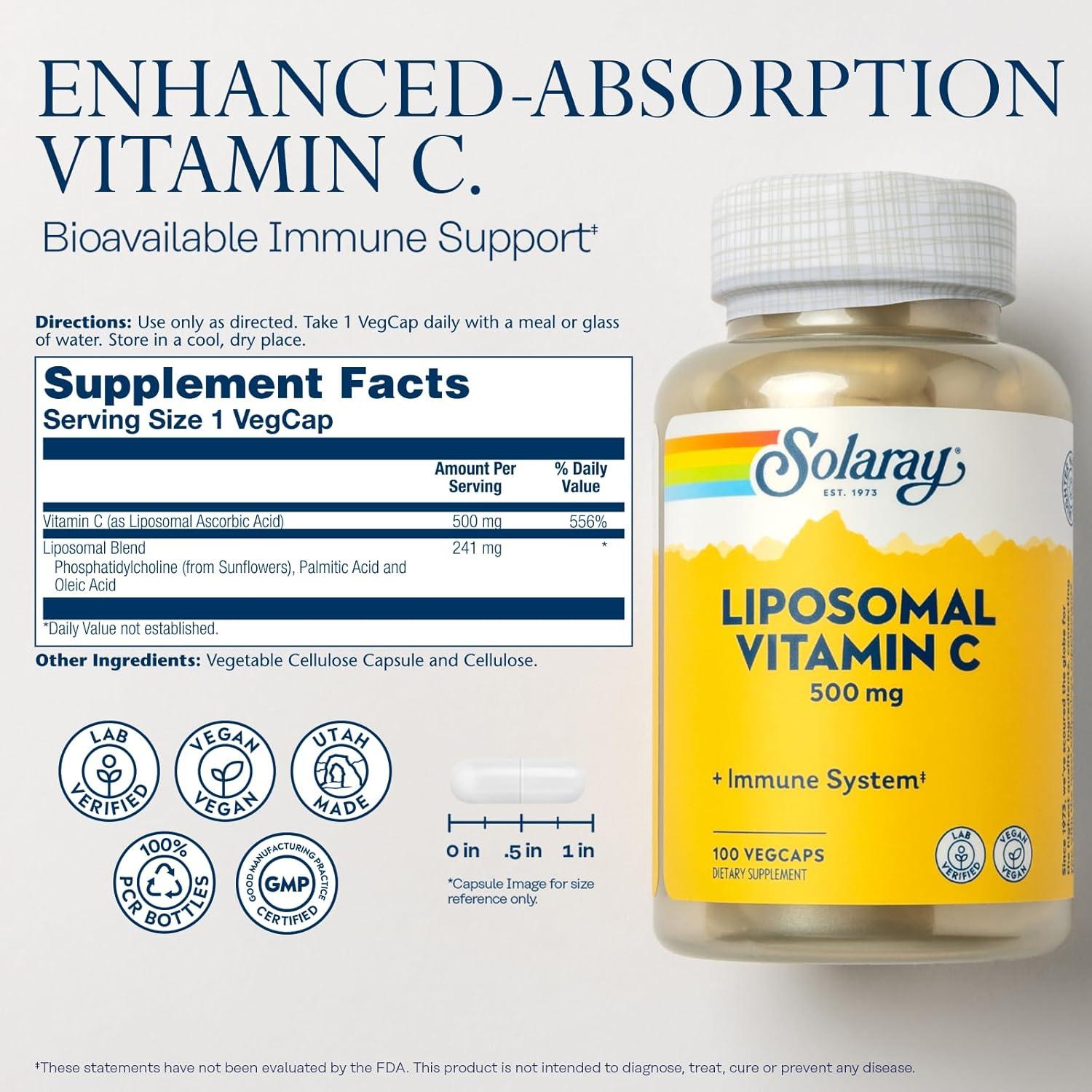 Vitamina C Liposomal Solaray 500mg - Antioxidante Vegano 100 VegCaps