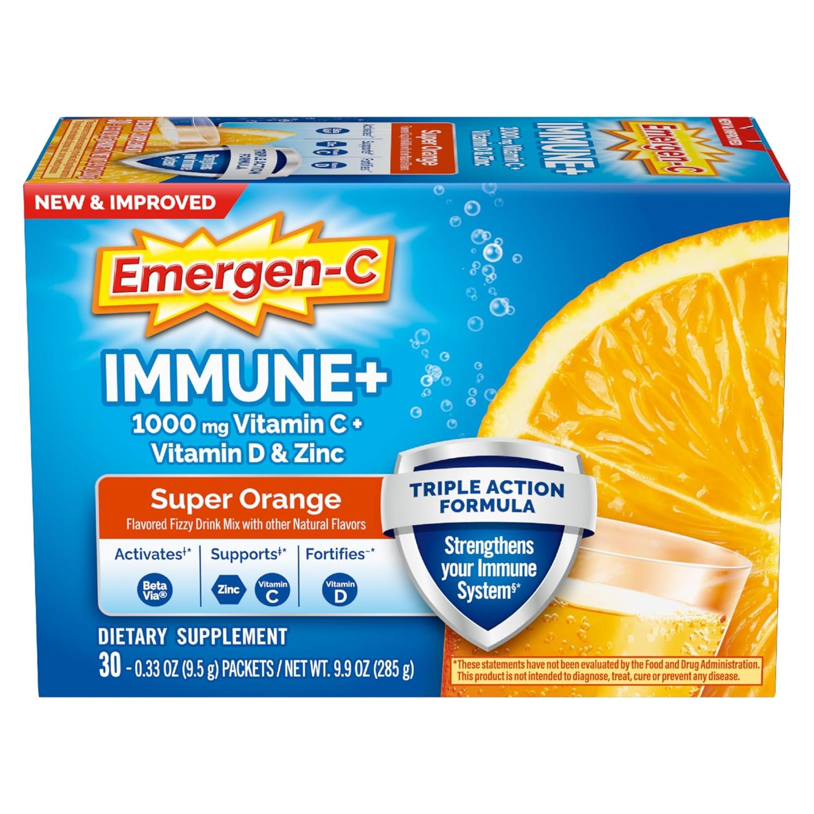Emergen-C Inmunidad+ Acción Triple Soporte Inmunológico Naranja - 30 Paquetes