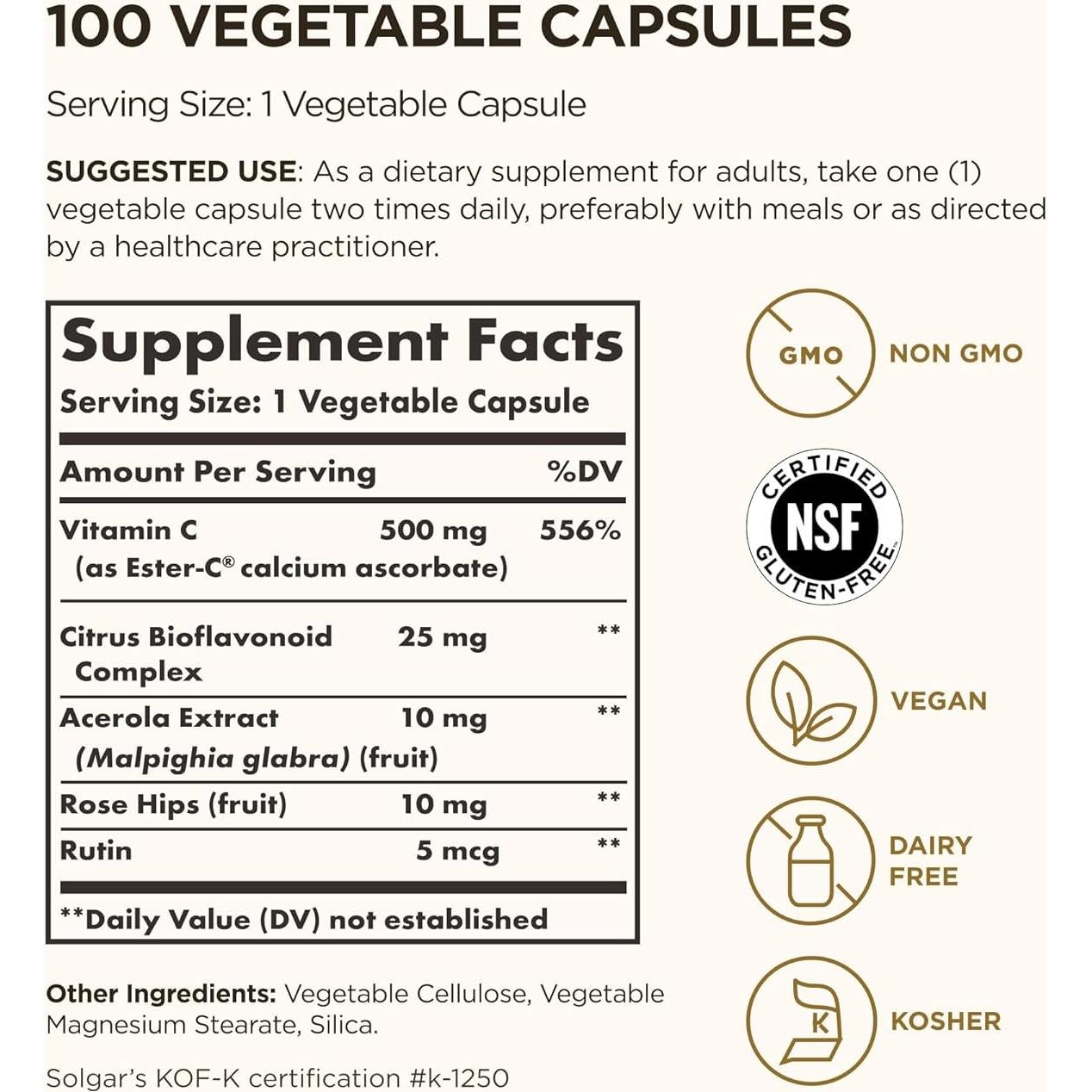 Solgar Ester-C Plus 500 mg Vitamina C 100 Cápsulas Vegetales