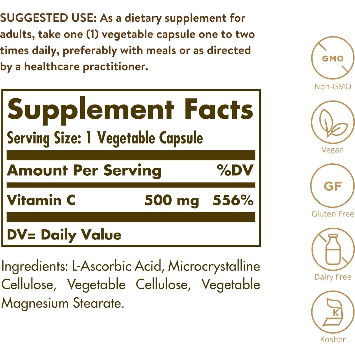 Vitamina C 500 mg Solgar 250 Cápsulas Vegetales Antioxidante