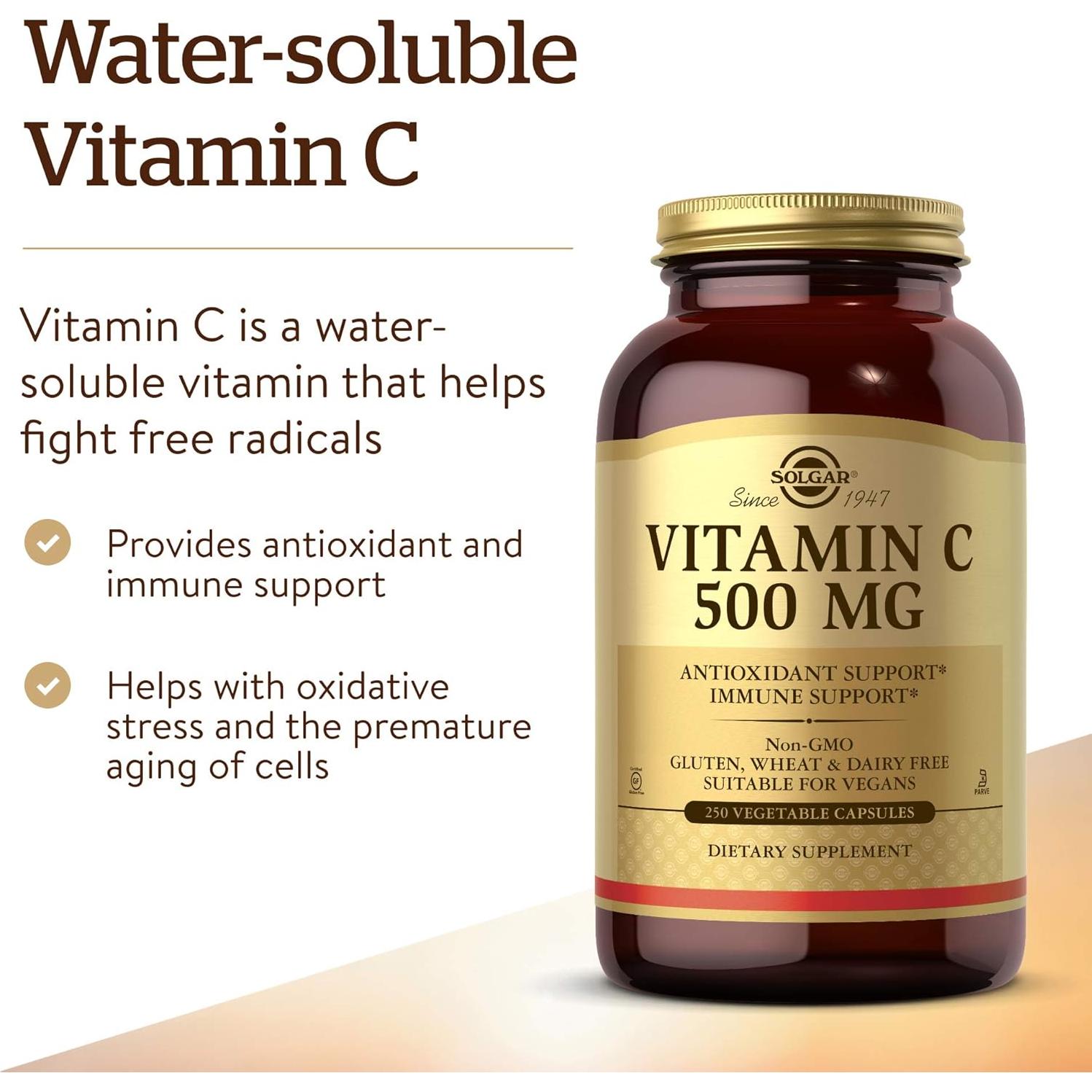 Vitamina C 500 mg Solgar 250 Cápsulas Vegetales Antioxidante