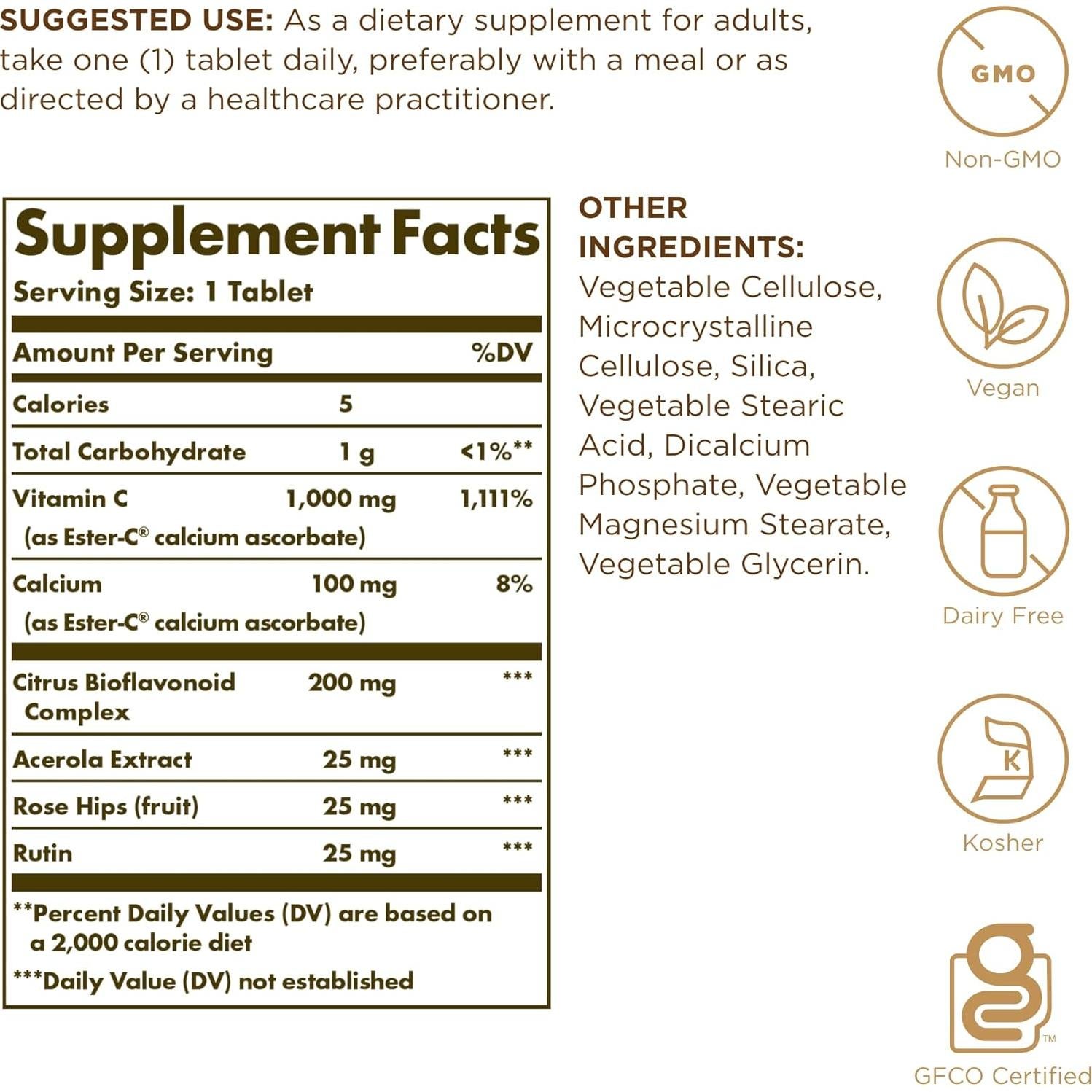 Solgar Ester-C Plus 1000 mg Vitamina C Suave 180 Tabletas