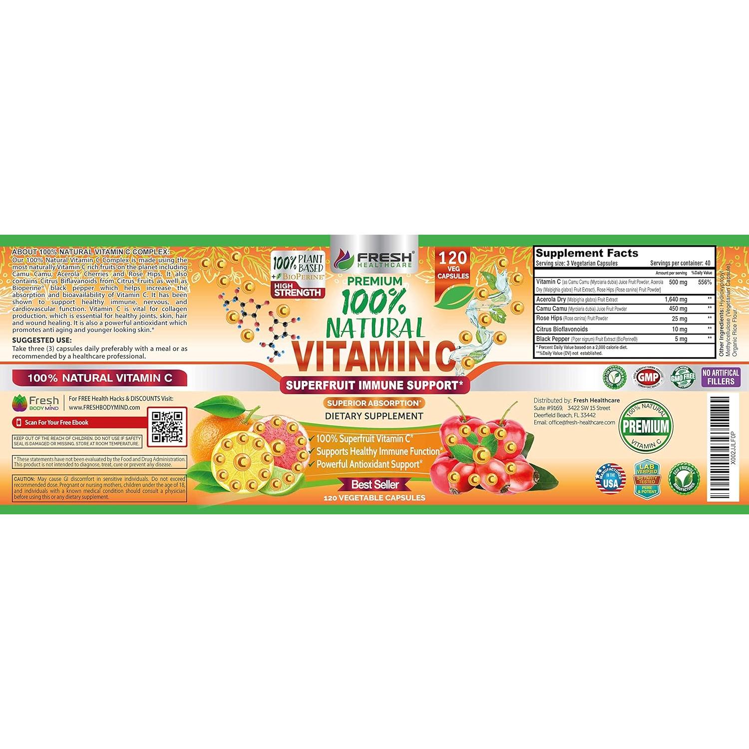 Vitamina C 100% Natural Fresh Healthcare 500mg - 120 Cápsulas