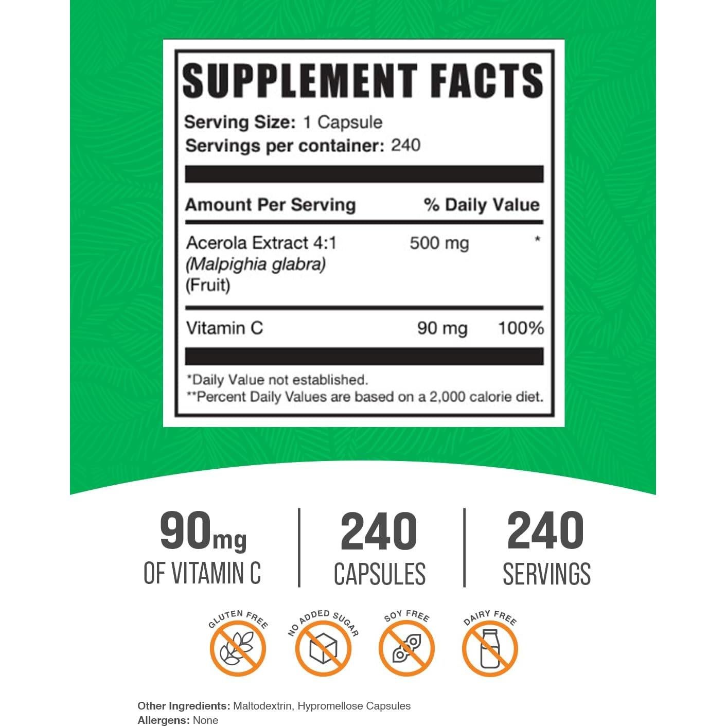 Cápsulas de Vitamina C Acerola BulkSupplements 90mg - 240 Unidades