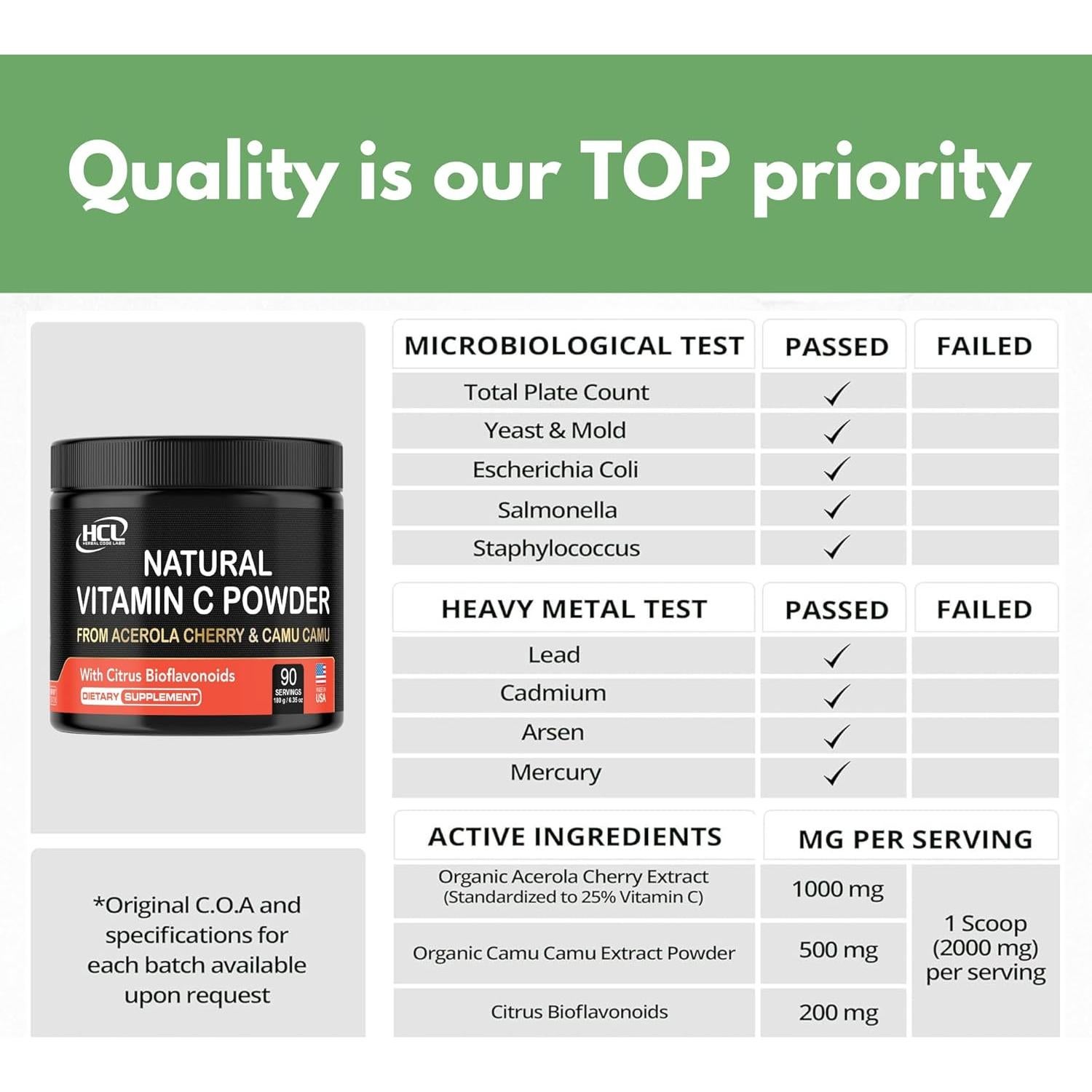 Vitamina C Natural en Polvo HCL Herbal Code 90 Porciones