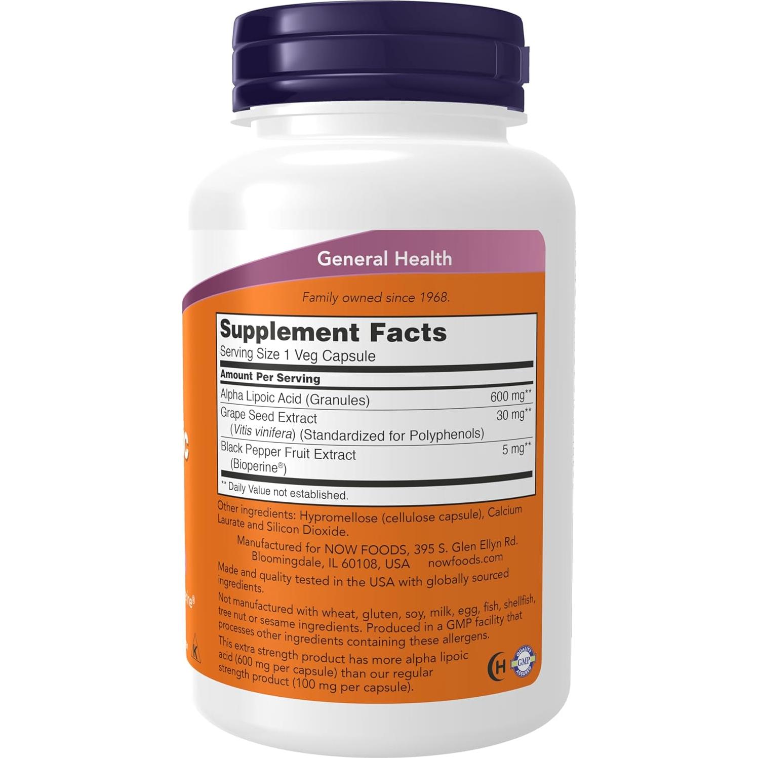 Ácido Lipoico 600 mg NOW Foods con Bioperine, 120 Cápsulas Veganas