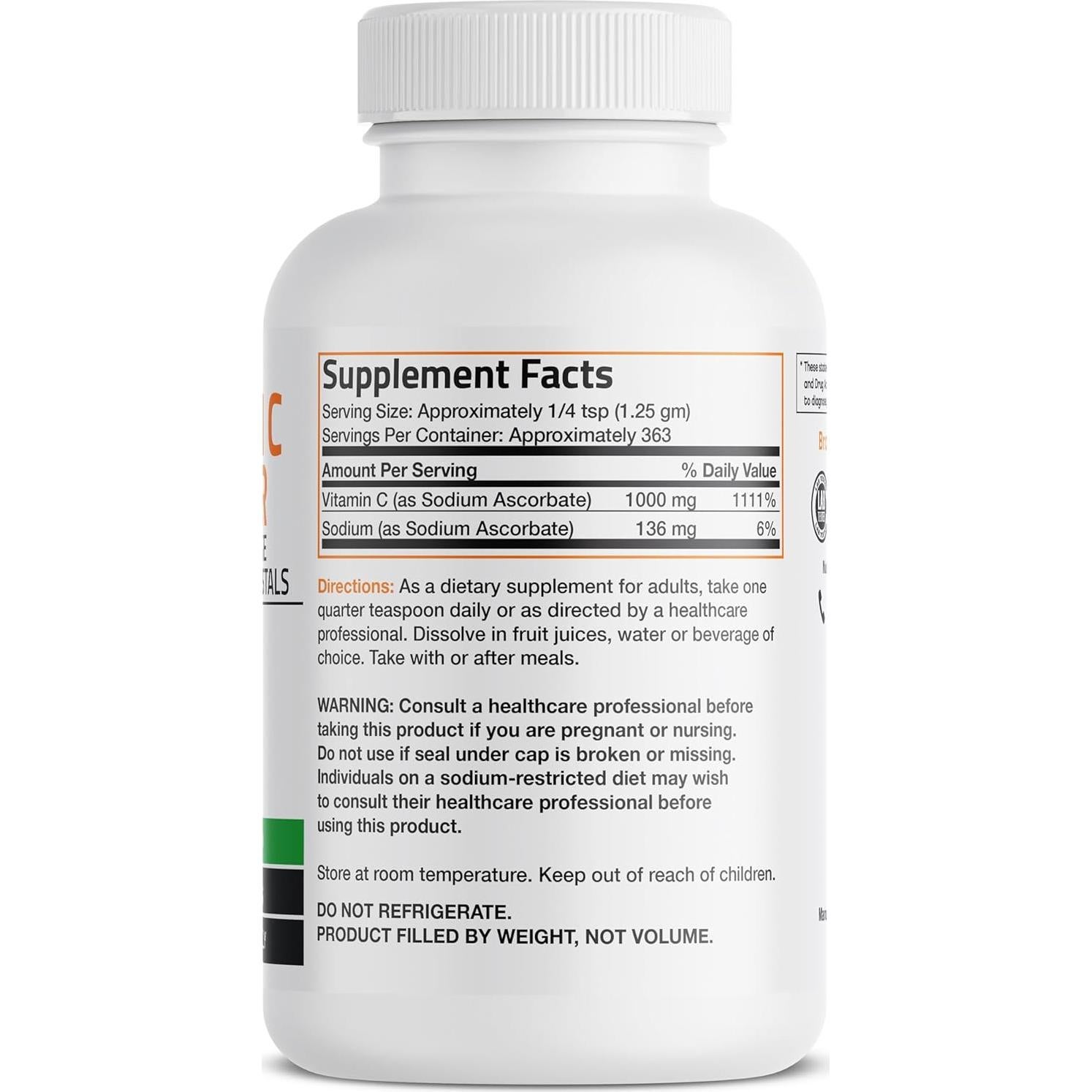 Polvo de Vitamina C No Ácida Bronson 454g - Suave para Estómago