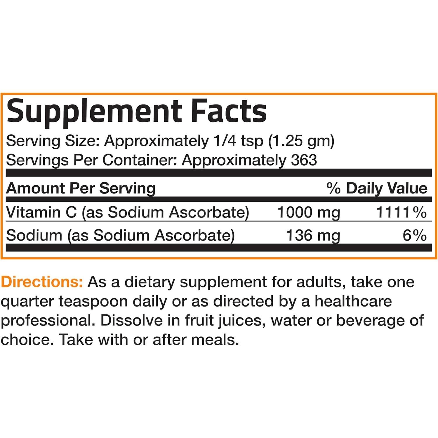 Polvo de Vitamina C No Ácida Bronson 454g - Suave para Estómago