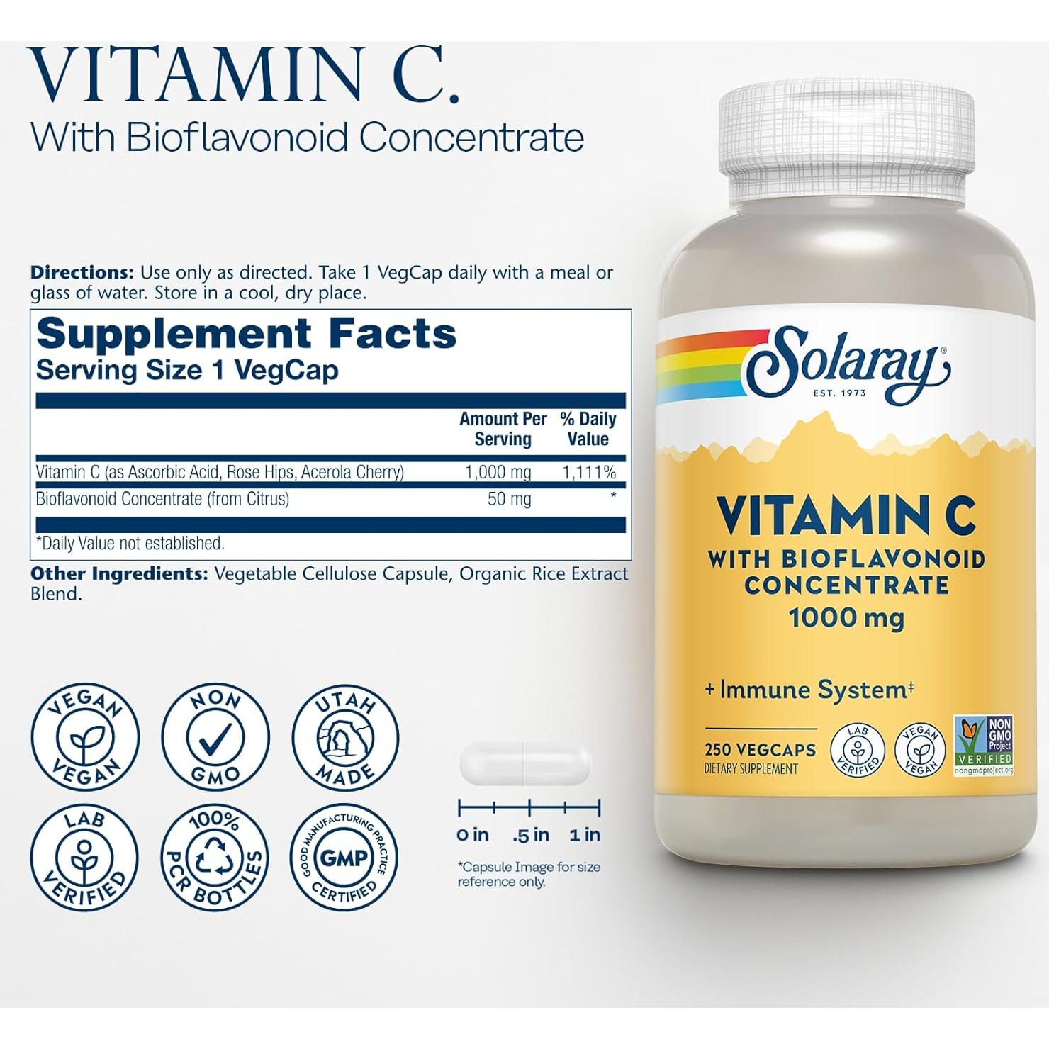 Vitamina C 1000mg Solaray con Bioflavonoides - 250 Cápsulas
