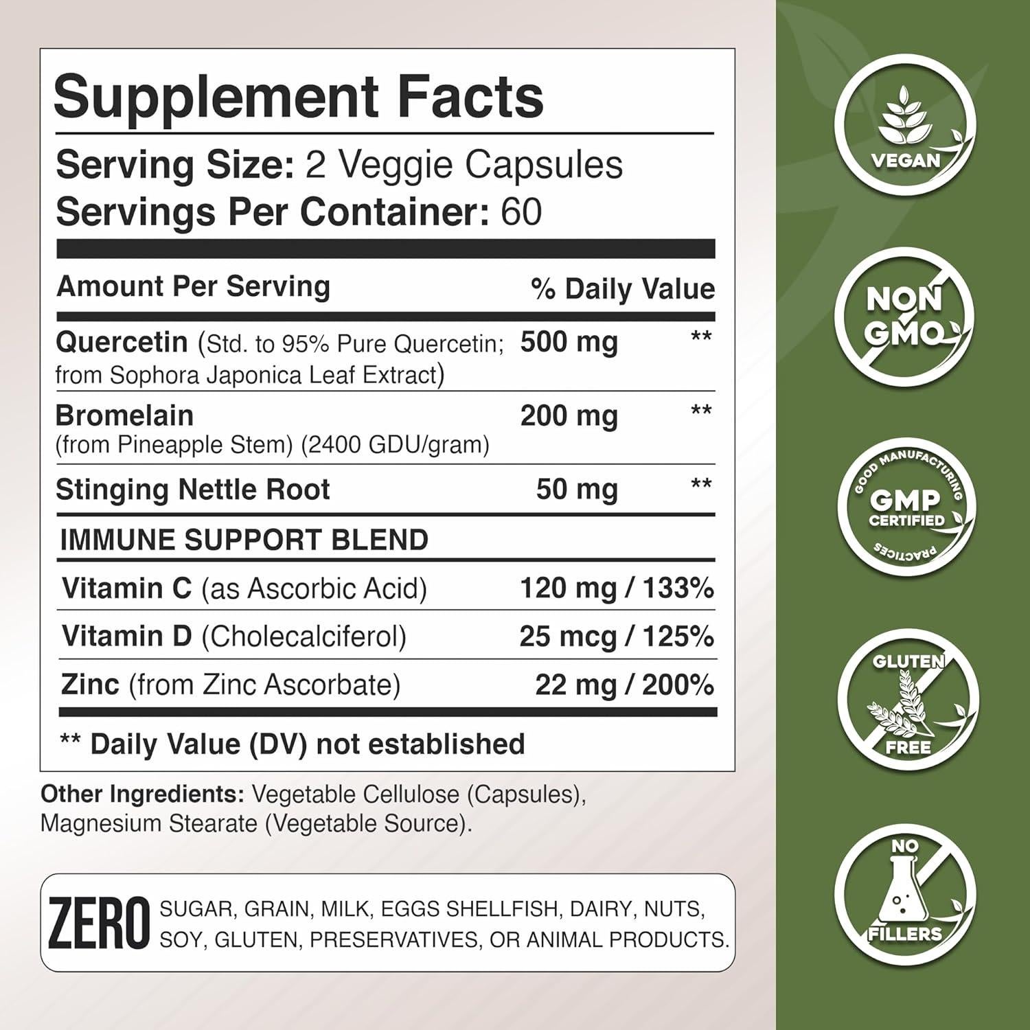 Quercetina 500mg con Vitamina C, D3 y Zinc - 120 Cápsulas